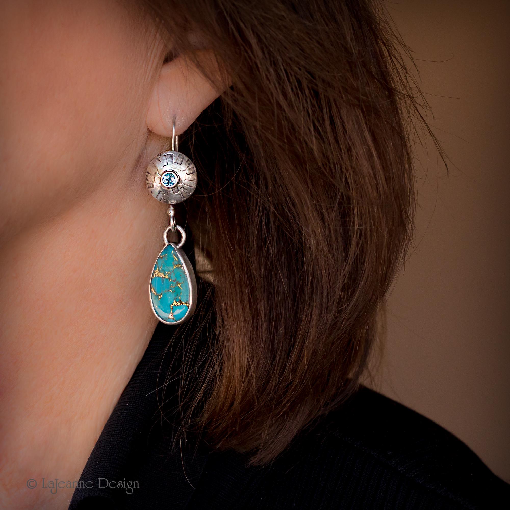 Spiny Copper Turquoise &amp; Sky Blue Topaz Sterling Silver Earrings