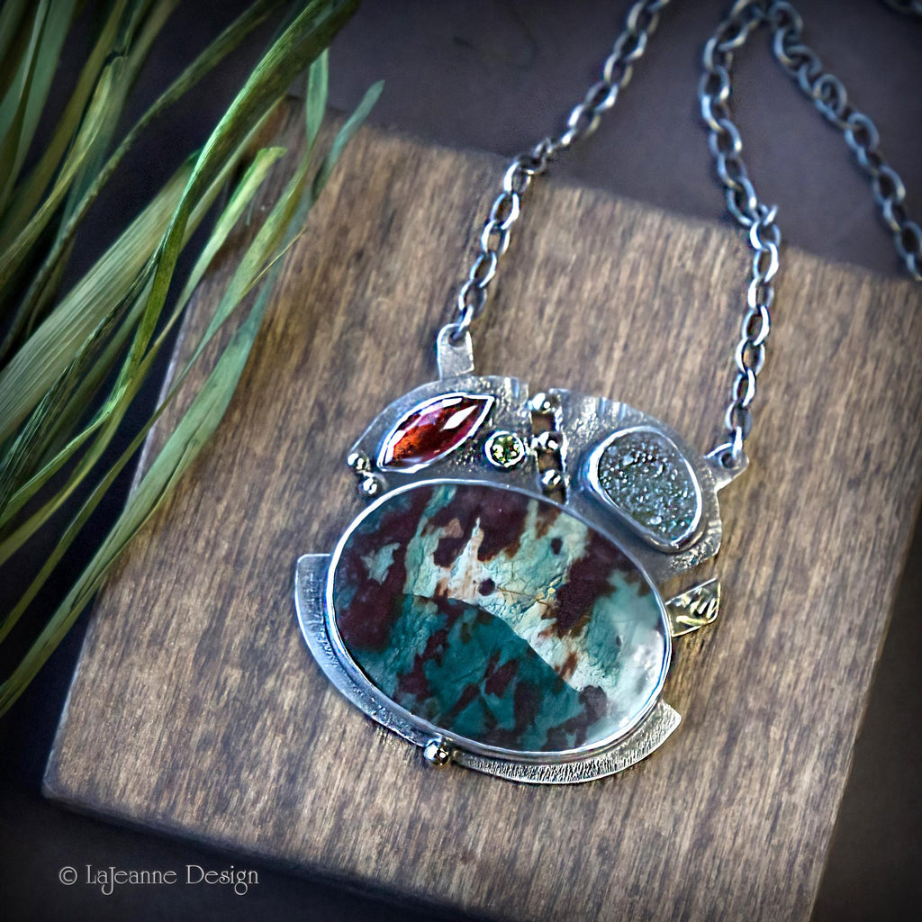 Jasper Garnet, 18k Gold, Druzy Necklace in Sterling Silver