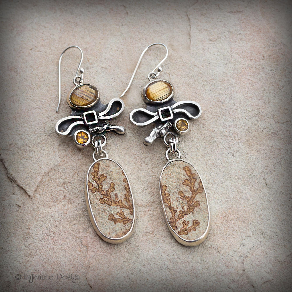 Dendritic Limestone and Golden Rutilated Quartz Sterling Silver Earrings