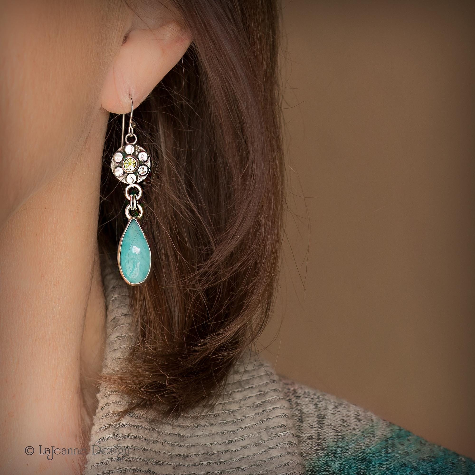 Amazonite and Peridot Sterling Silver Dangle Earrings