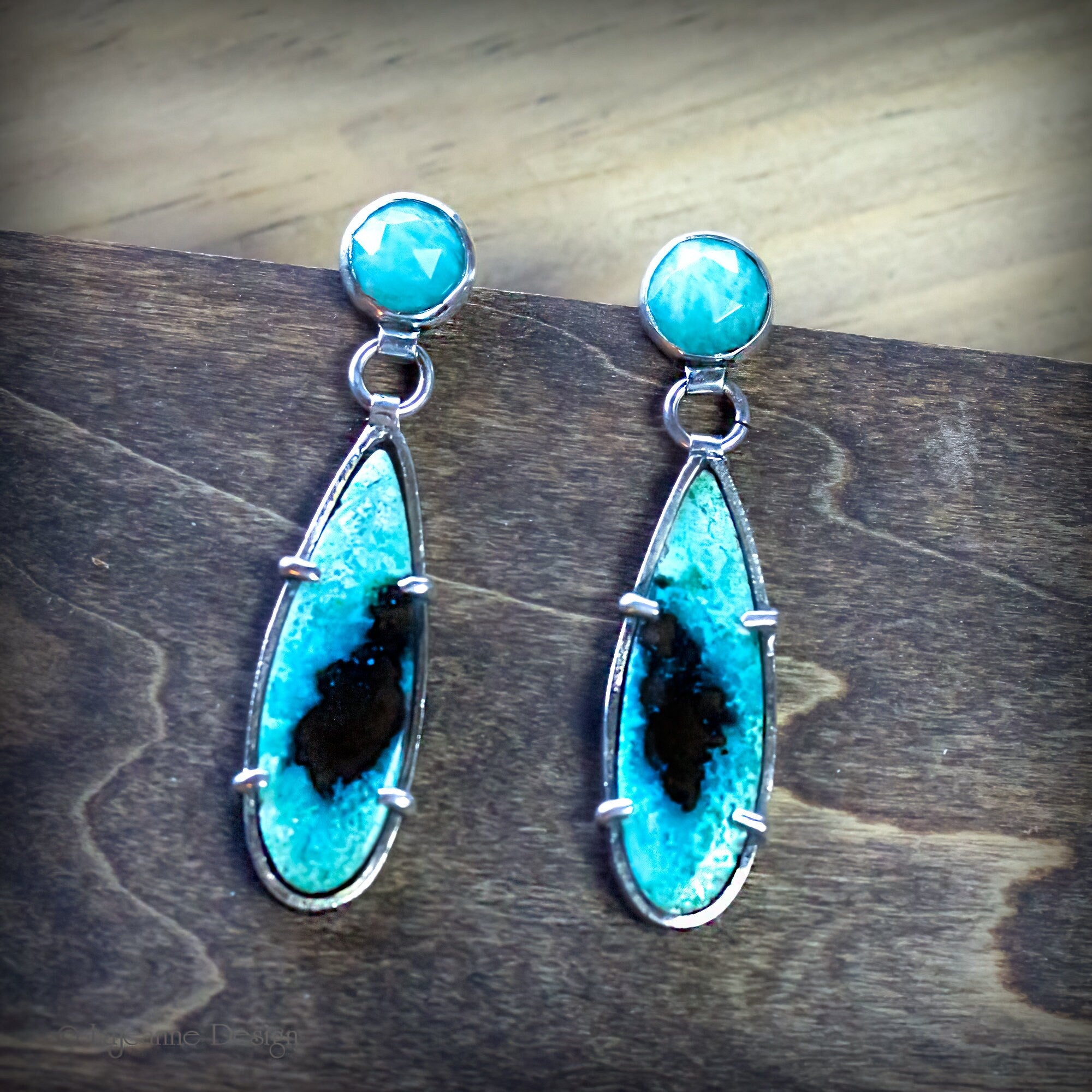 Blue Opalized Wood & Amazonite Sterling Silver Earrings