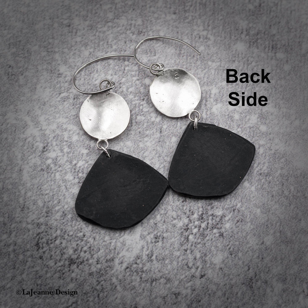 Black polymer clay drop earrings with silver disc caps and silver hoop hooks