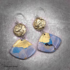Gold-tone round caps with blue and gold polymer clay fan drops on silver hooks