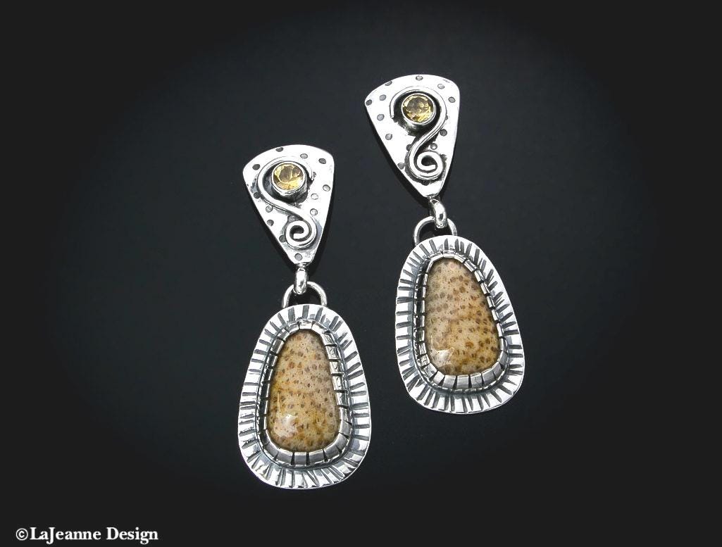 Petrified Palm Wood & Citrine Sterling Silver Earrings