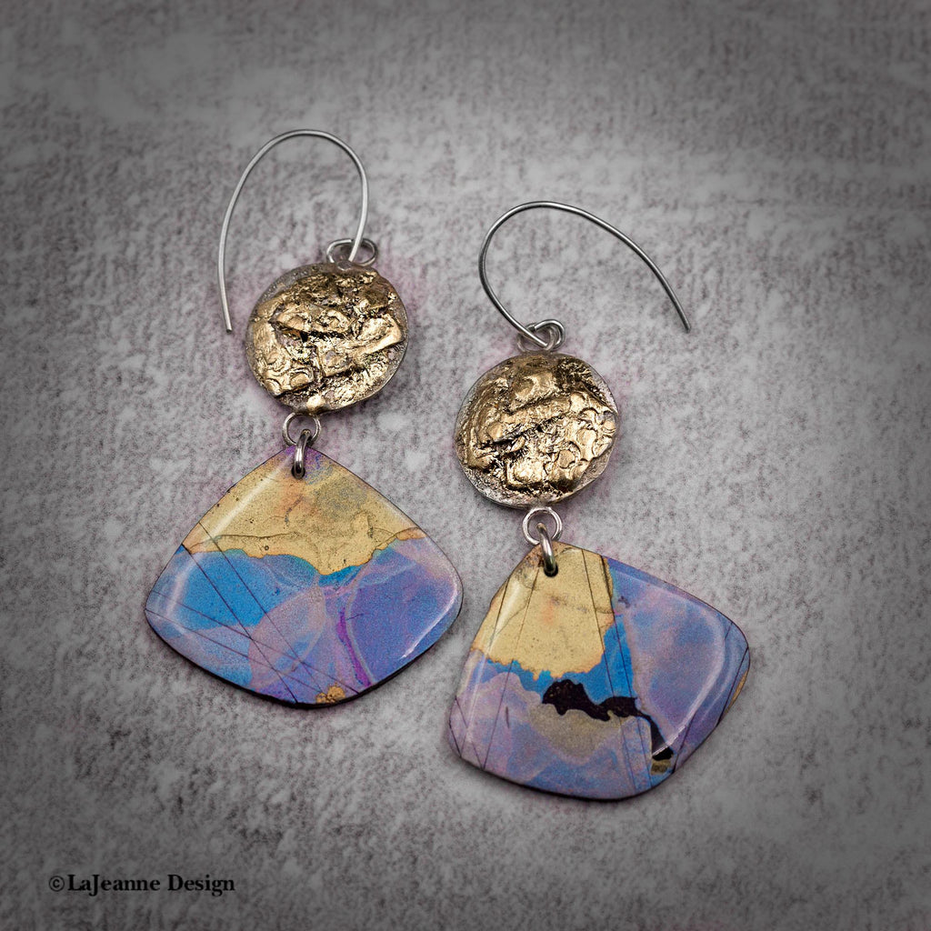 Blue and gold polymer clay teardrop dangle earrings with gold caps and silver hooks