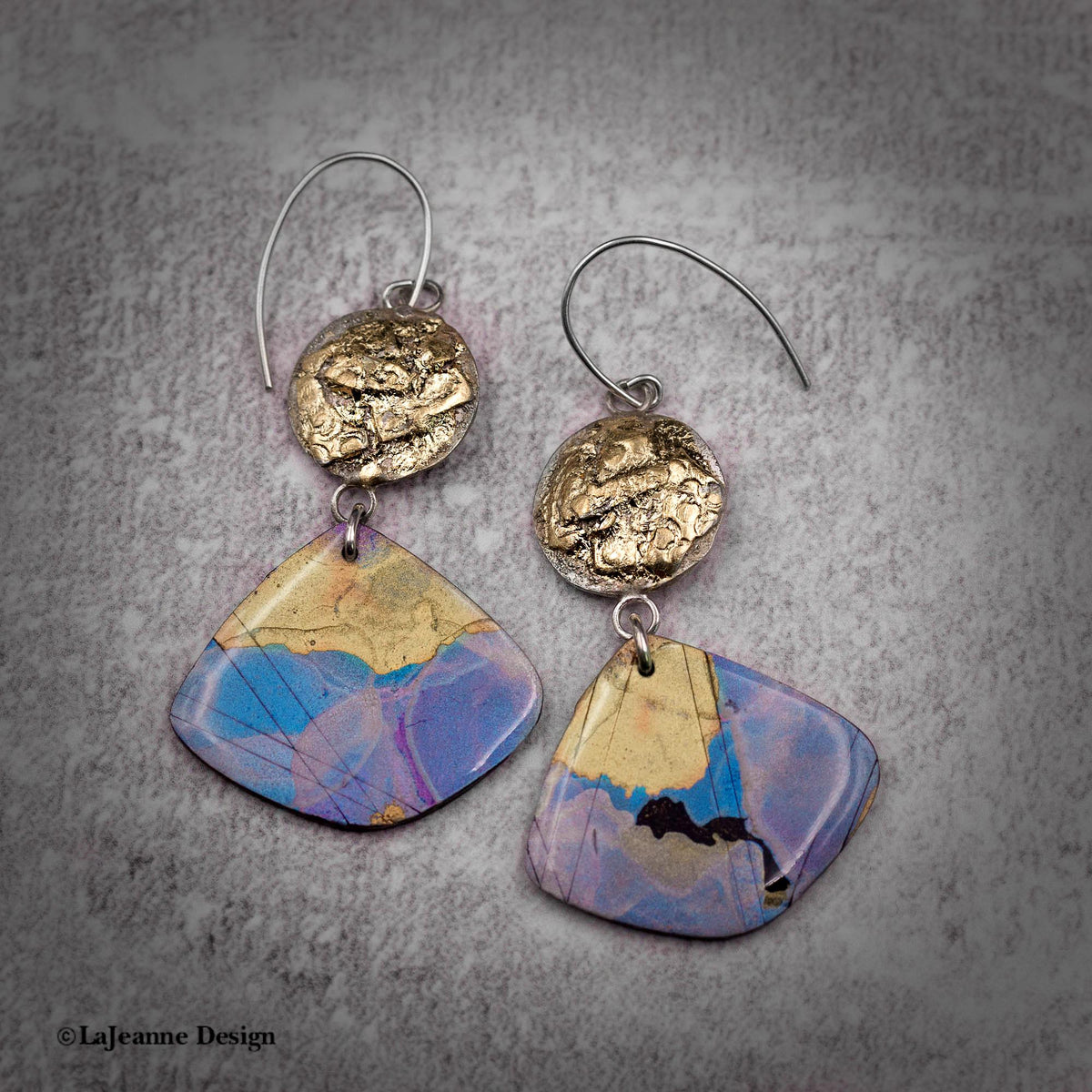 Blue and gold polymer clay teardrop dangle earrings with gold caps and silver hooks