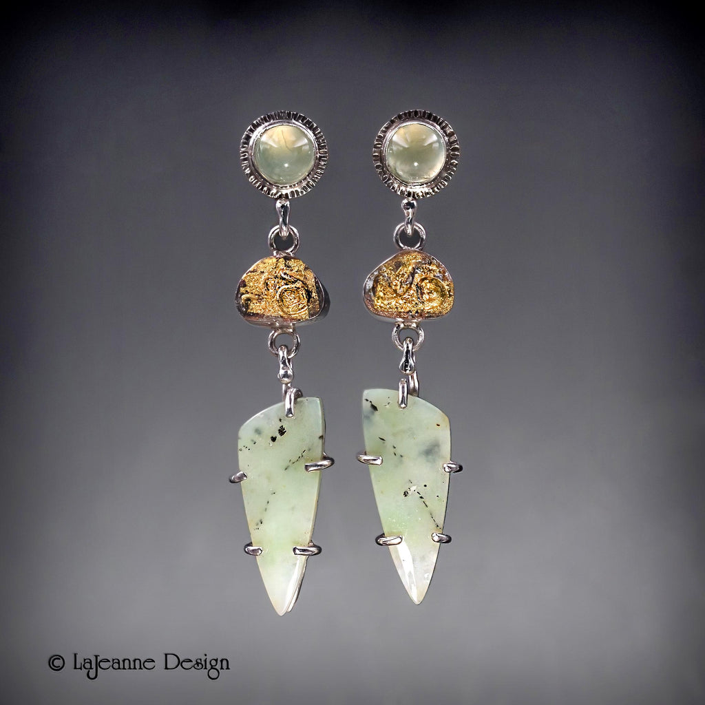 Opalized Petrified Wood, Chrysoprase & 24K Gold Sterling Silver Earrings