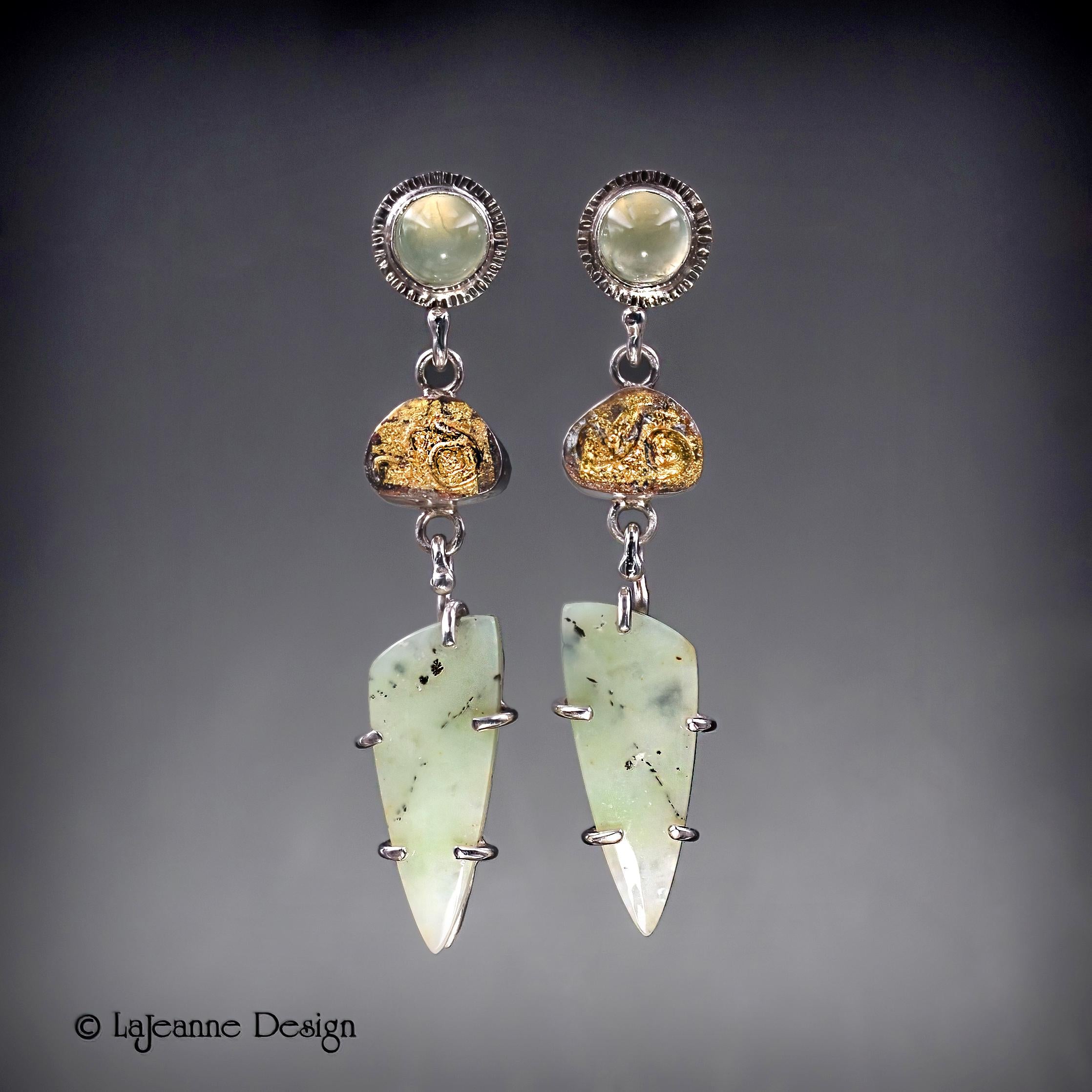 Opalized Petrified Wood, Chrysoprase & 24K Gold Sterling Silver Earrings