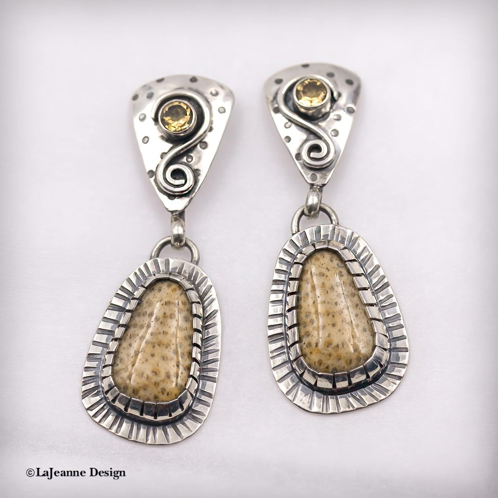 Petrified Palm Wood & Citrine Sterling Silver Earrings