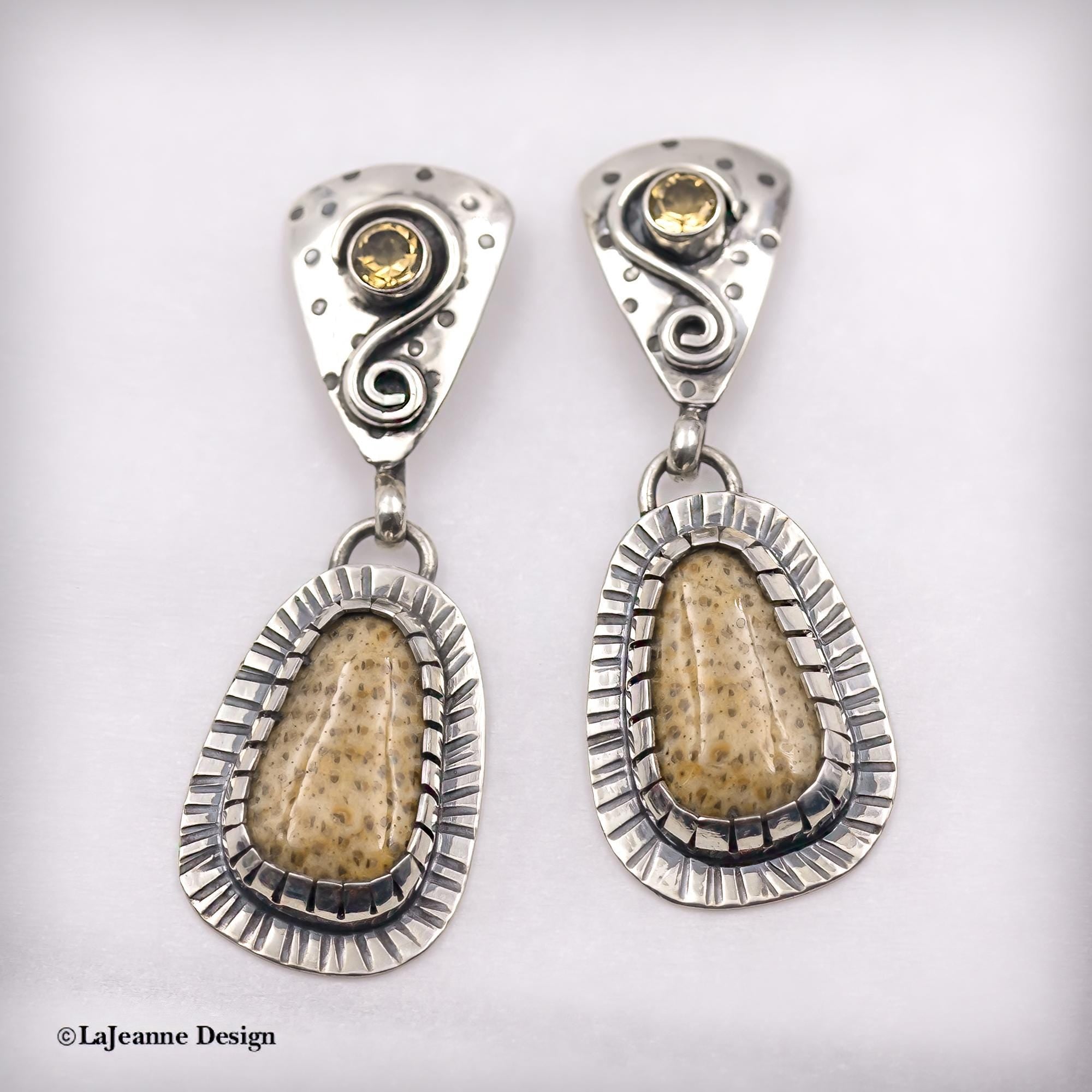 Petrified Palm Wood & Citrine Sterling Silver Earrings