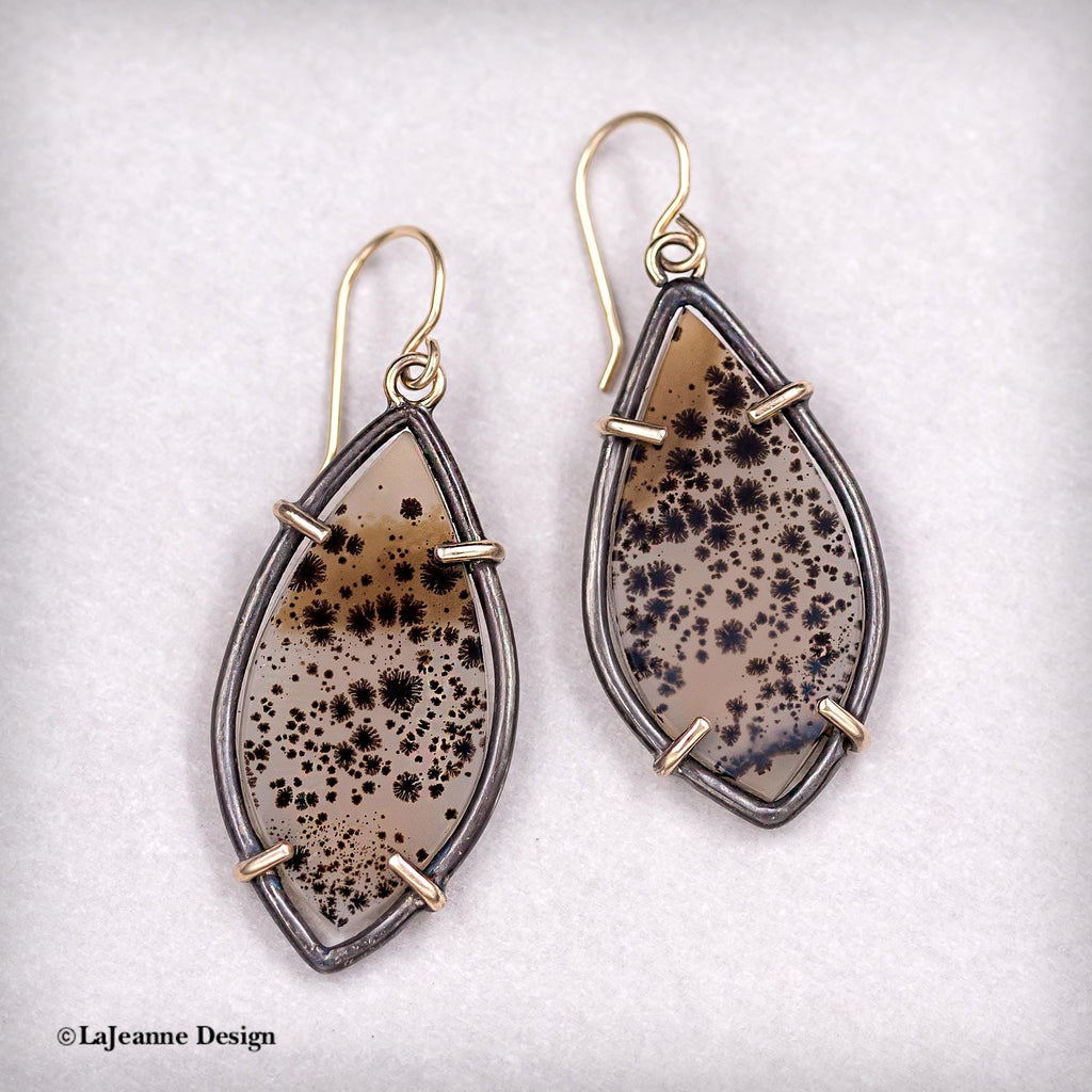 Narmada River Agate, 18K Gold Sterling Silver Earrings