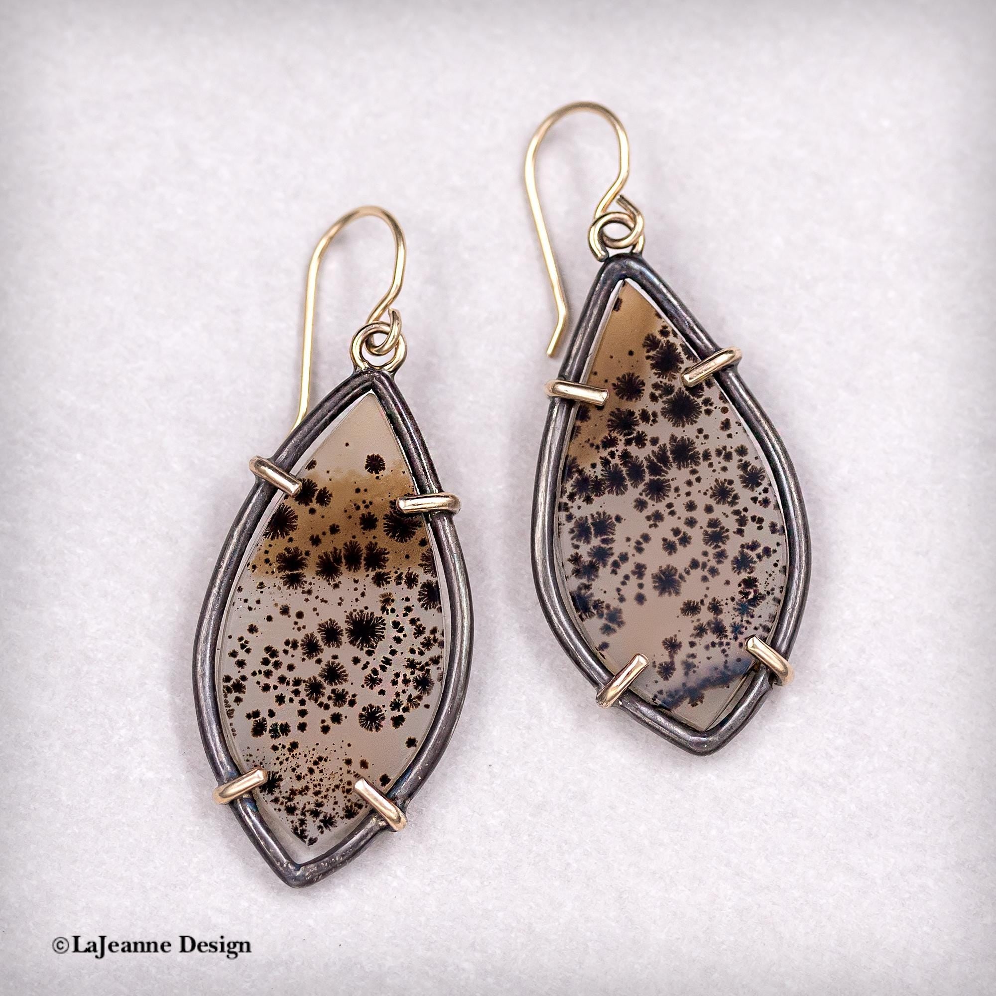 Narmada River Agate, 18K Gold Sterling Silver Earrings