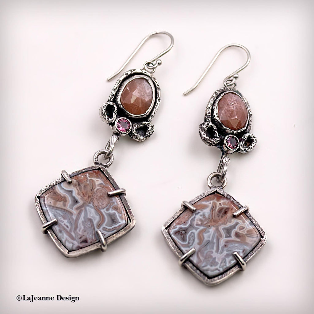 Crazy Lace Agate, Peach Moonstone & Pink Tourmaline Sterling Silver Earrings