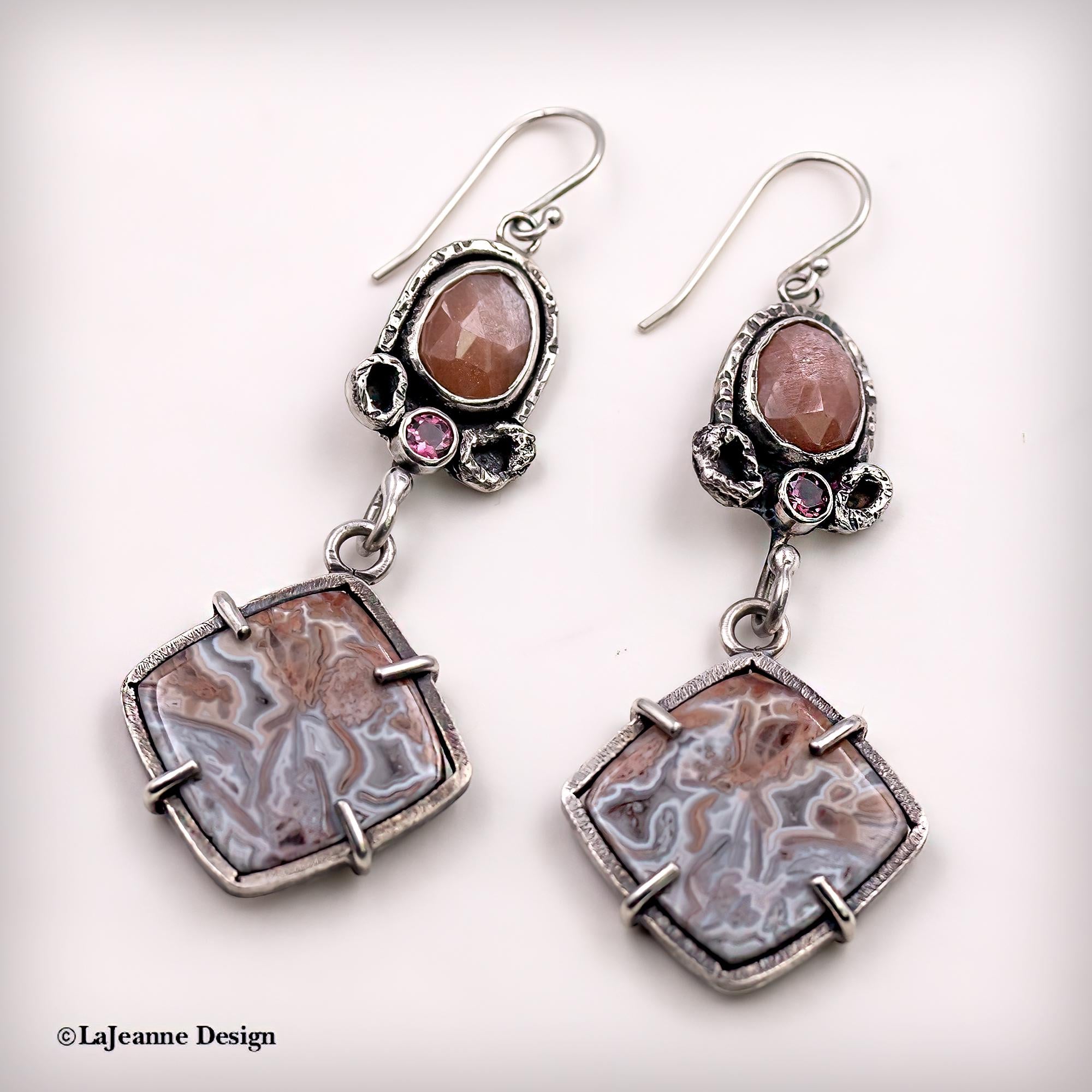 Crazy Lace Agate, Peach Moonstone & Pink Tourmaline Sterling Silver Earrings