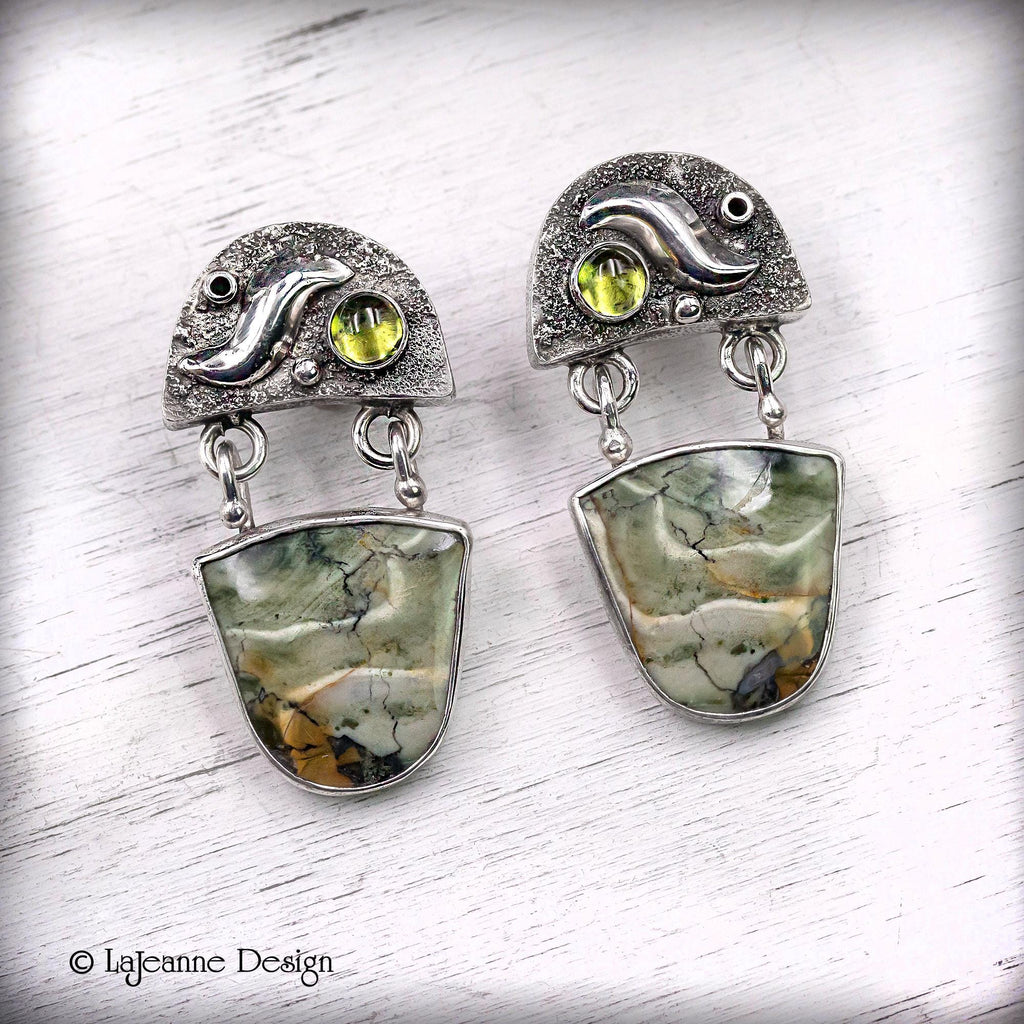 Green Opalized Wood & Prehnite Sterling Silver Earrings