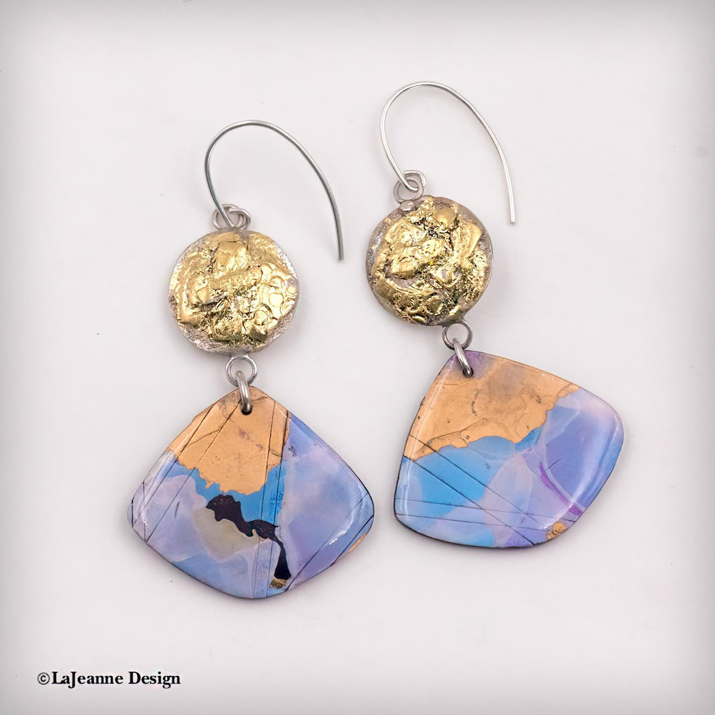 Gold-tone round cap and blue polymer clay teardrop dangle earrings with silver hooks