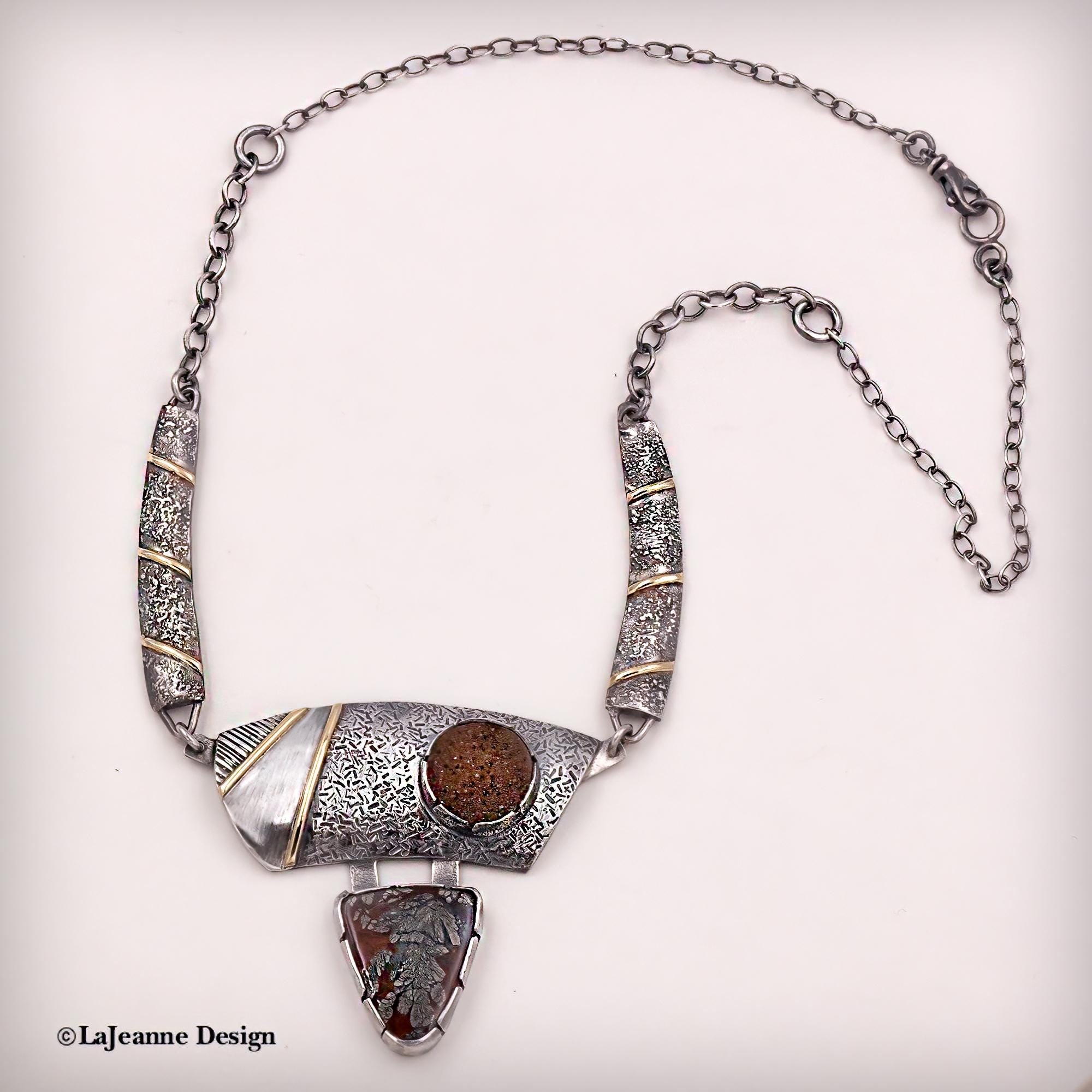 Marcasite Plume Agate 18K Gold Sterling Silver Necklace