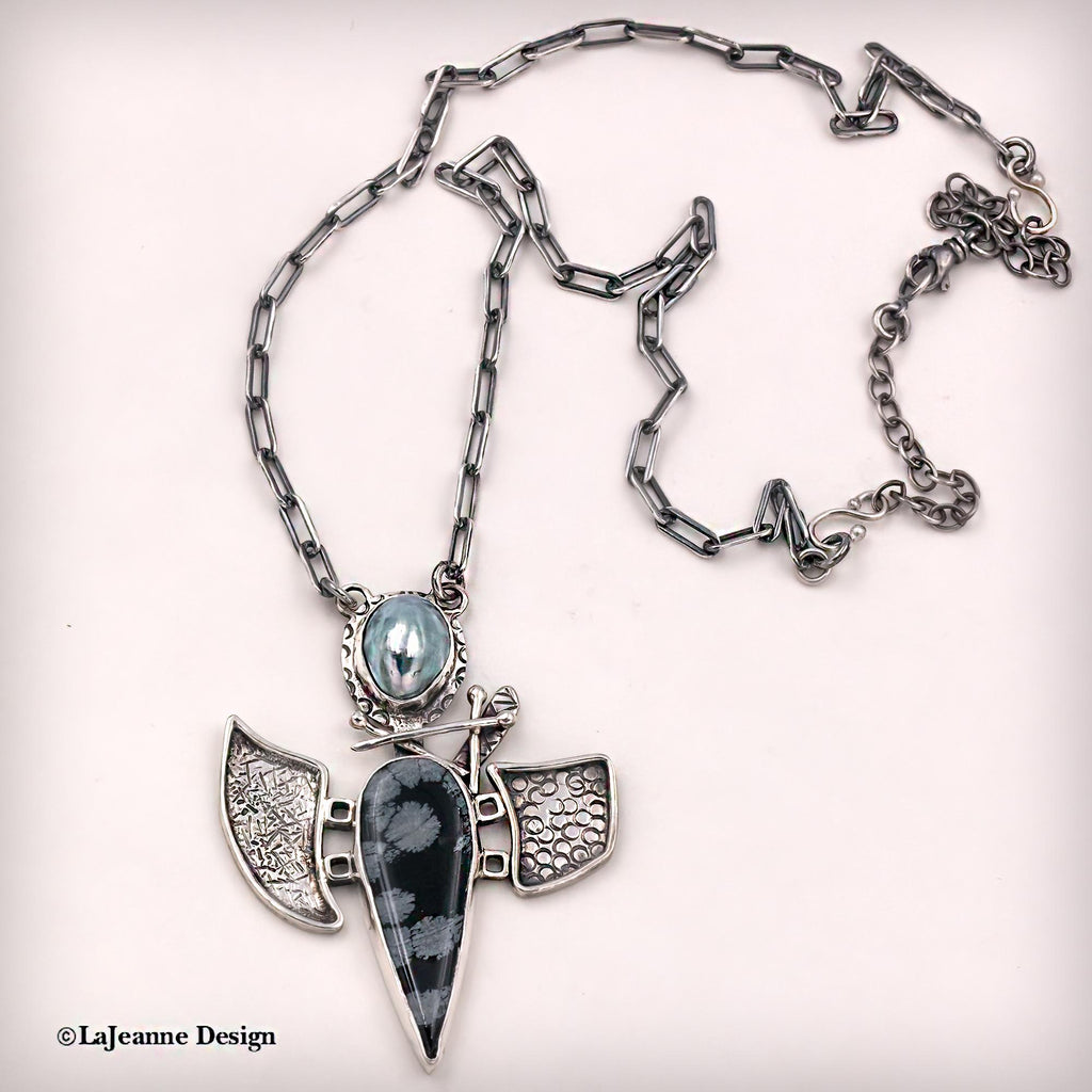 Snowflake Obsidian & Pearl Sterling Silver Statement Necklace
