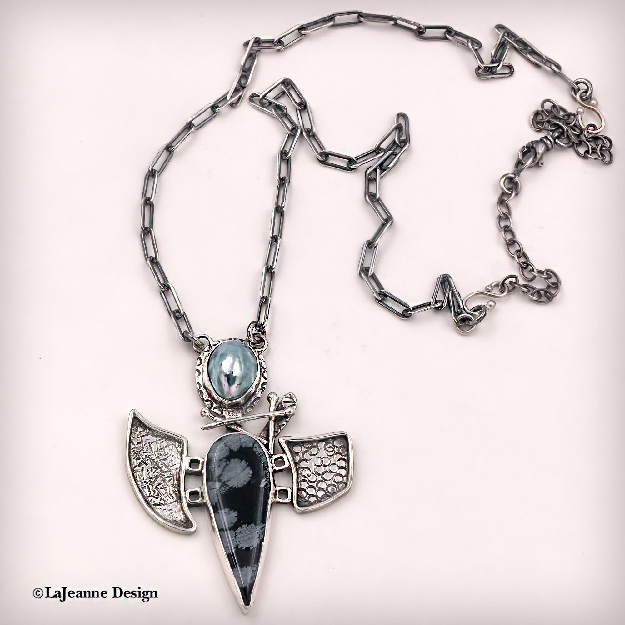 Snowflake Obsidian & Pearl Sterling Silver Statement Necklace