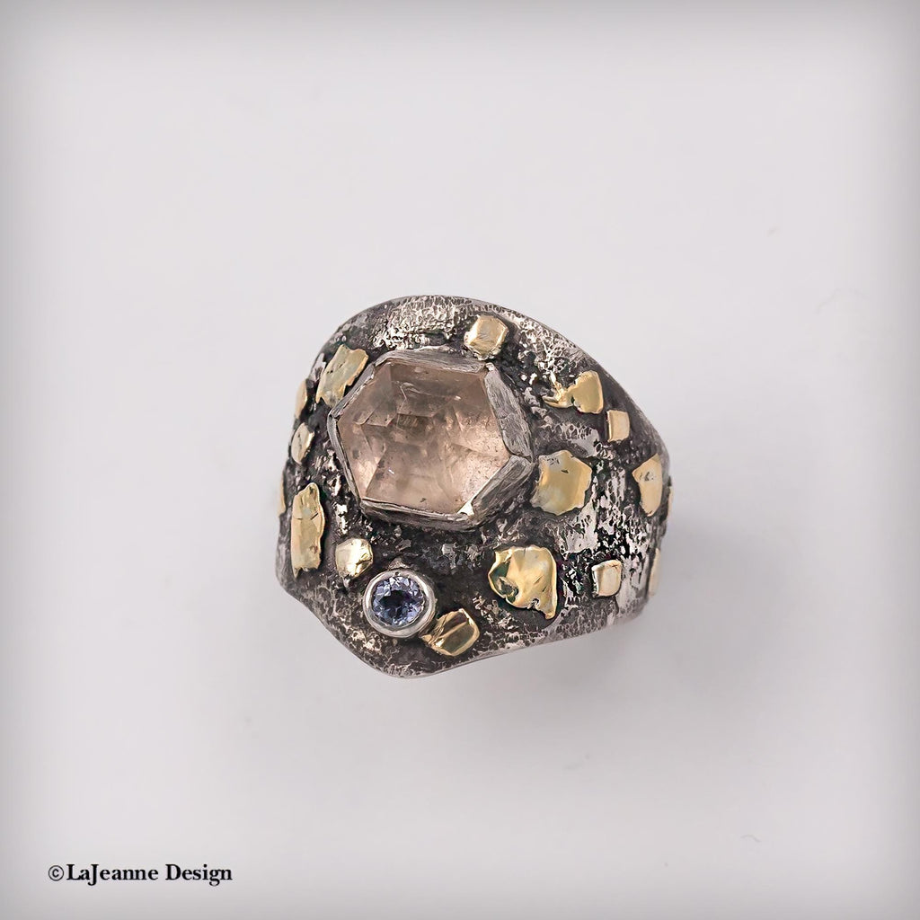 Size 7.25 - Peach Tourmaline, Tanzanite, 18K Gold &amp; Sterling Silver Ring