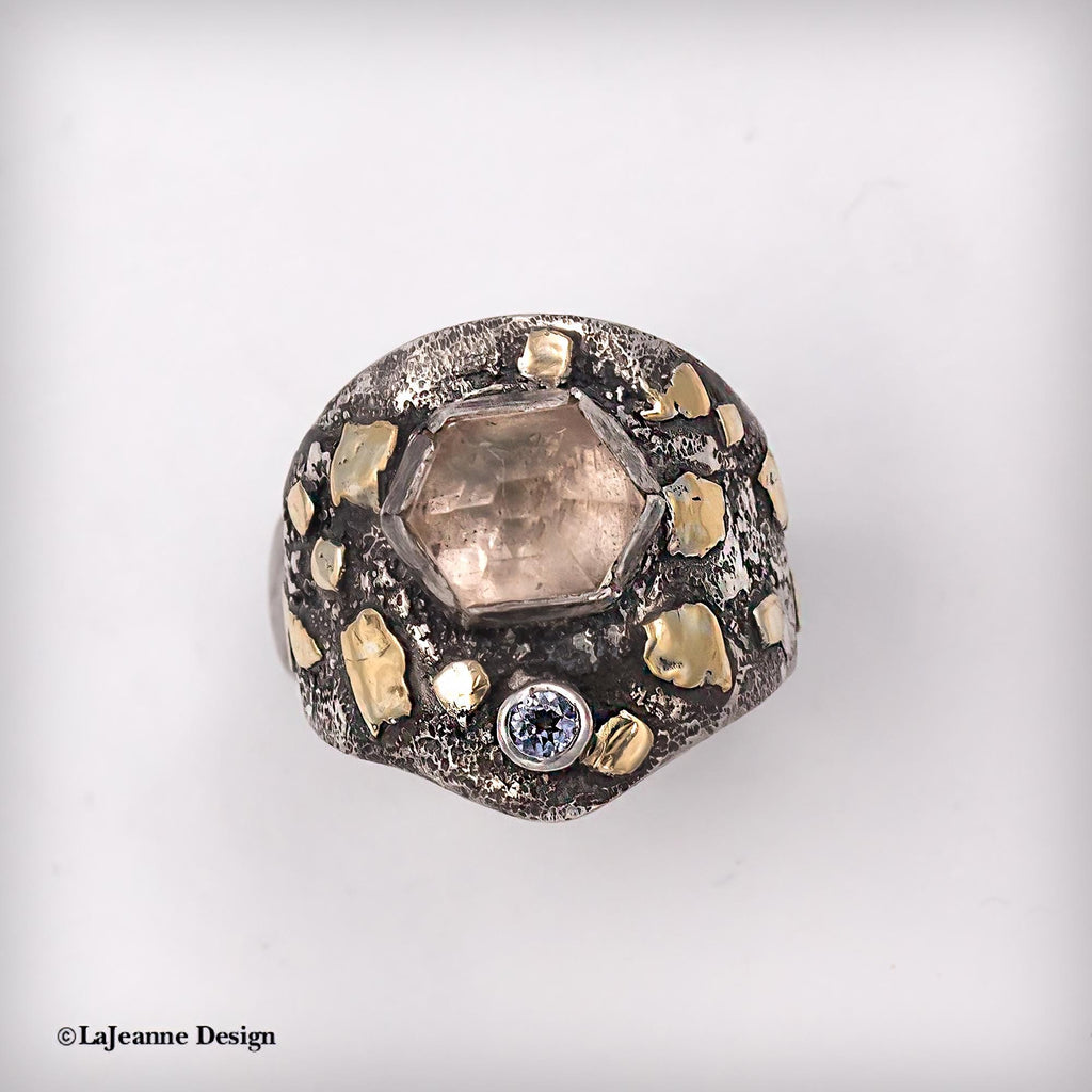 Size 7.25 - Peach Tourmaline, Tanzanite, 18K Gold &amp; Sterling Silver Ring