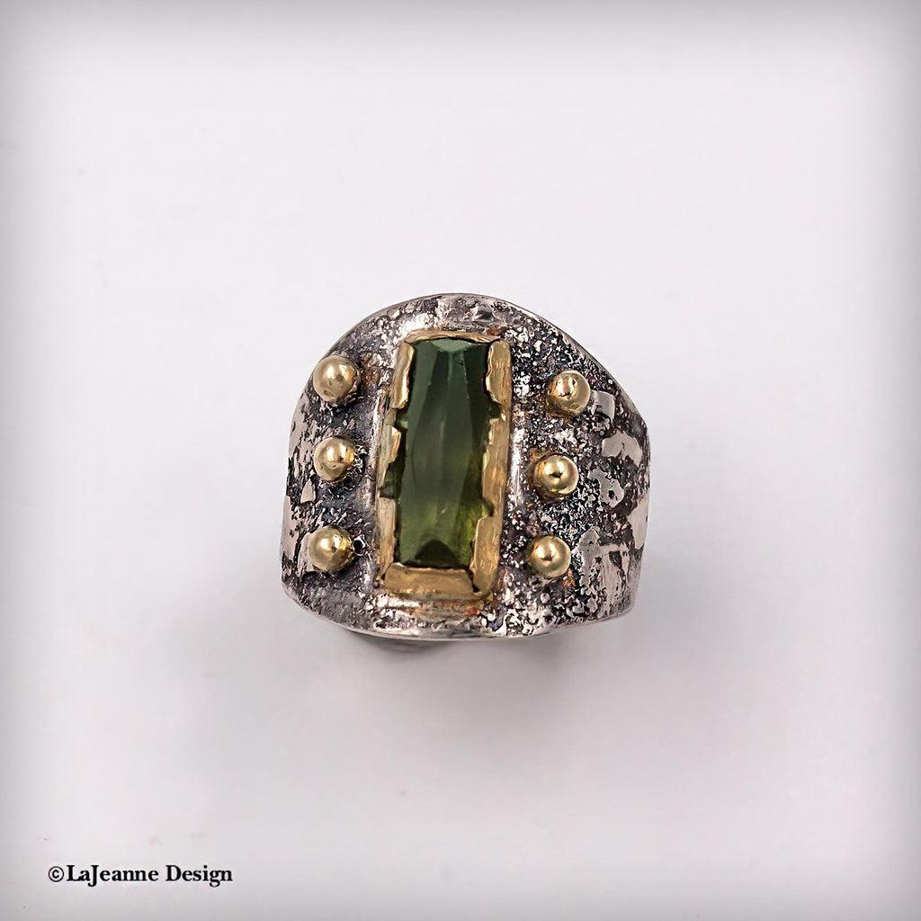 Size 6.25 - Green Tourmaline, 22K Gold Sterling Silver Ring