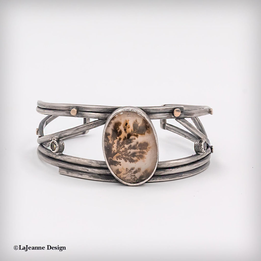 Dendritic Agate Sterling Silver Cuff Bracelet with 18K Gold,  Size Medium-Large