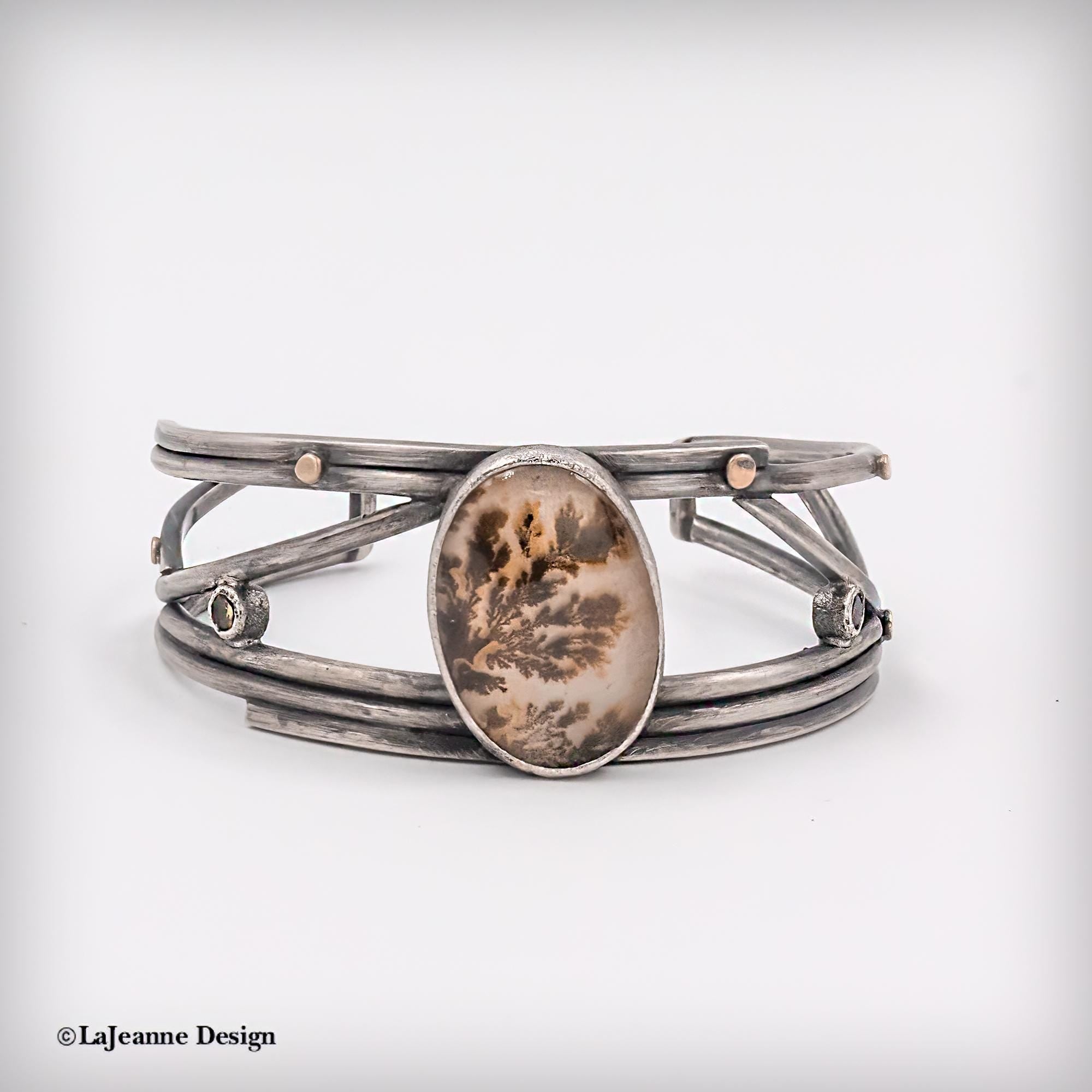 Dendritic Agate Sterling Silver Cuff Bracelet with 18K Gold,  Size Medium-Large