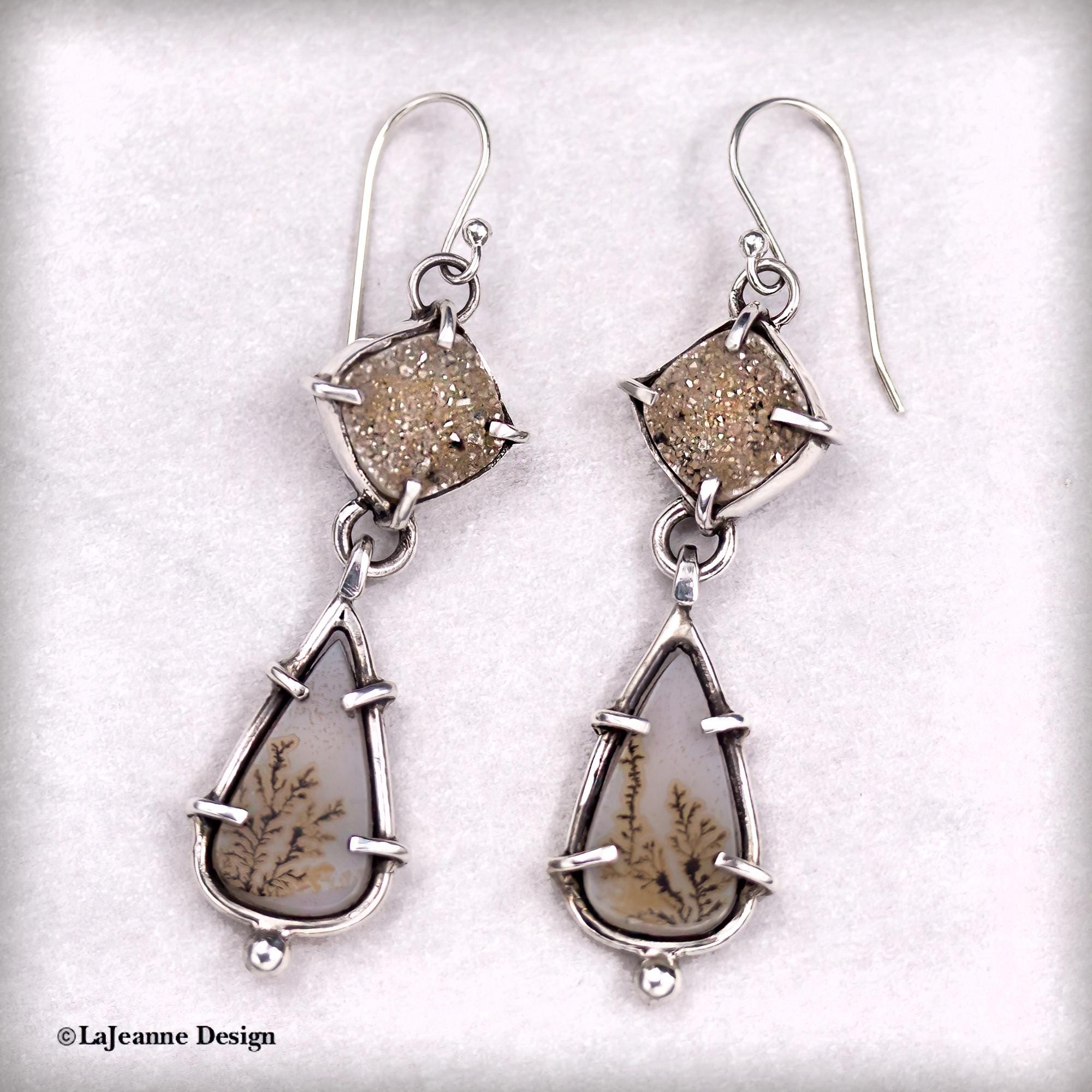 Dendritic Agate and Drusy Sterling Silver Earrings