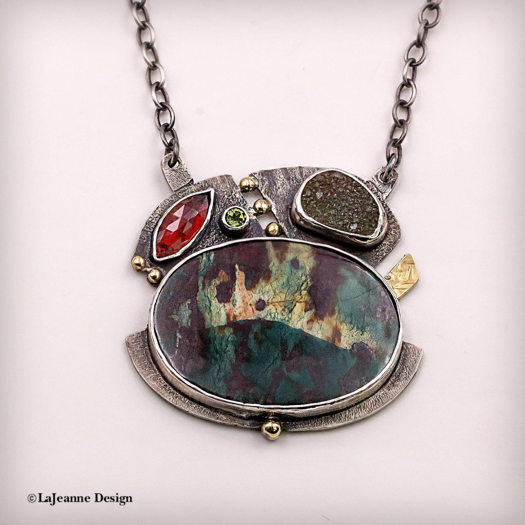 Jasper Garnet, 18k Gold, Druzy Necklace in Sterling Silver