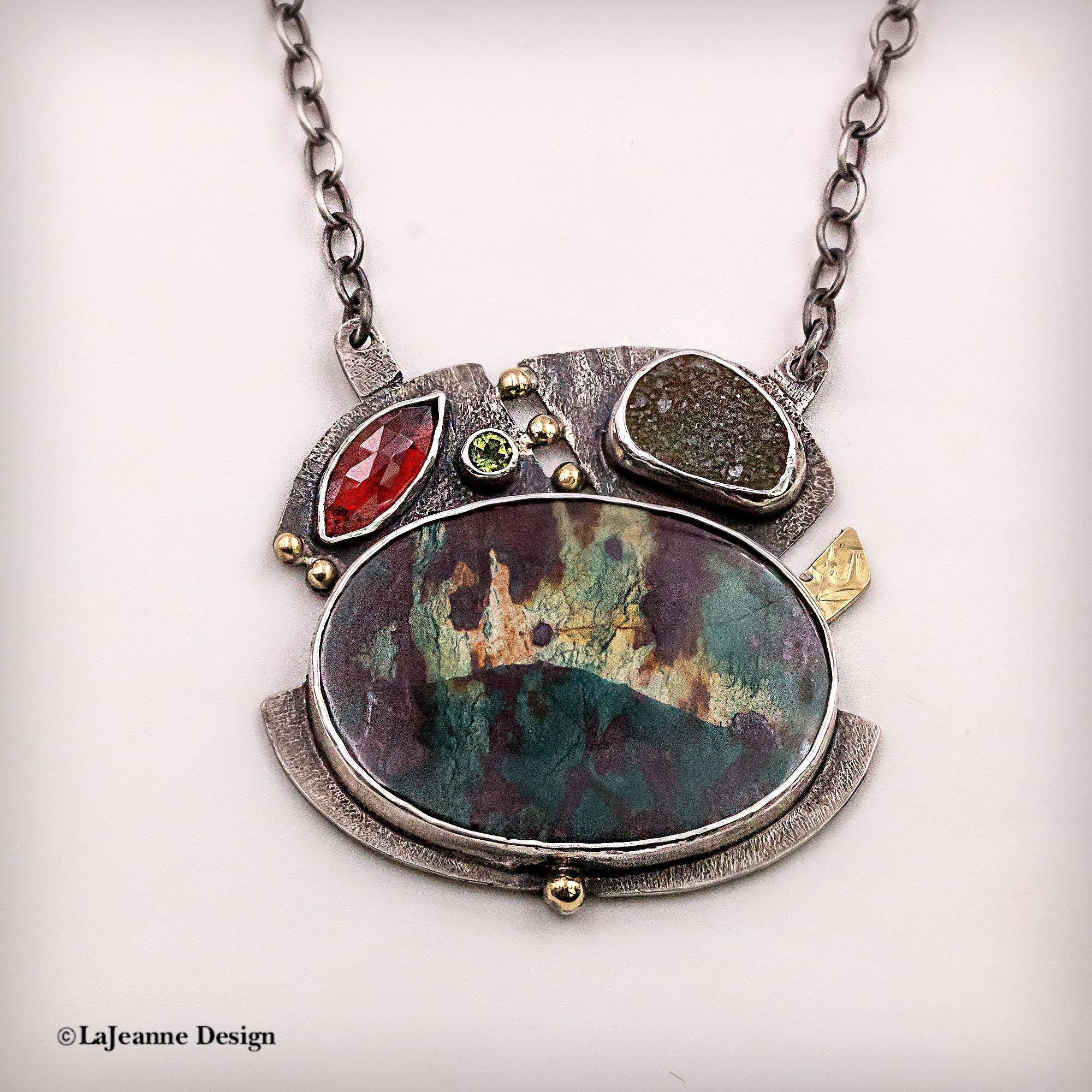 Jasper Garnet, 18k Gold, Druzy Necklace in Sterling Silver