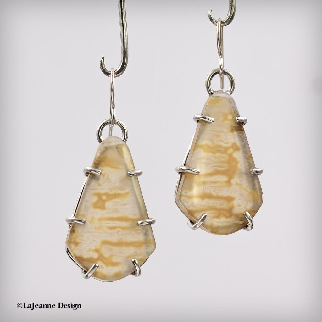Yellow Moss Opalized Wood Sterling Silver Earrings