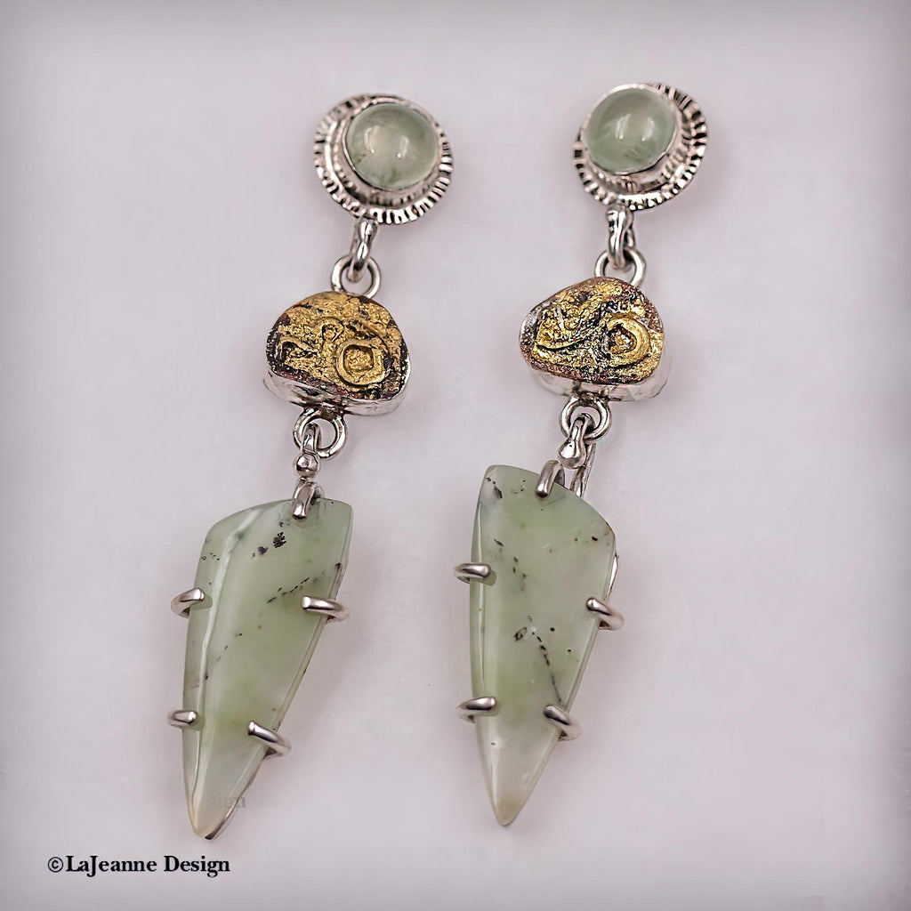 Opalized Petrified Wood, Chrysoprase & 24K Gold Sterling Silver Earrings