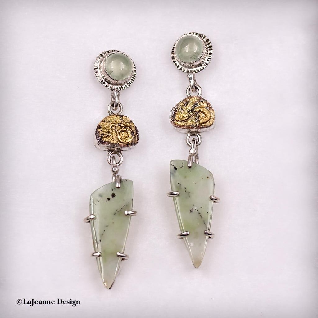 Opalized Petrified Wood, Chrysoprase & 24K Gold Sterling Silver Earrings