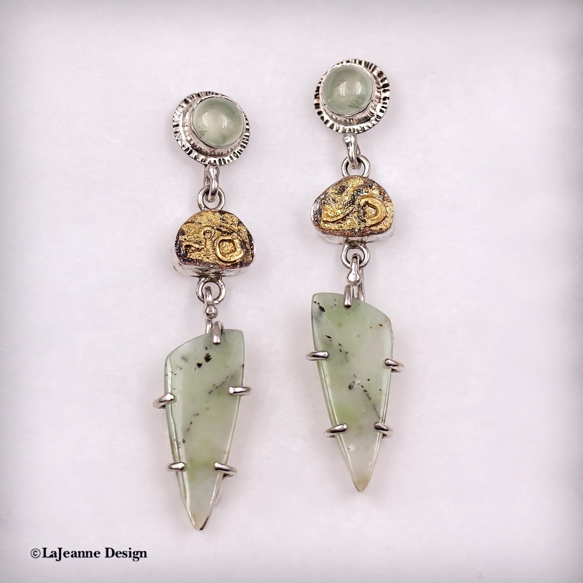 Opalized Petrified Wood, Chrysoprase & 24K Gold Sterling Silver Earrings