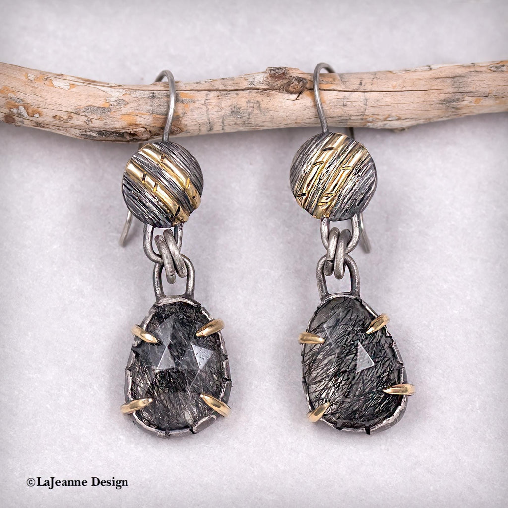 Black Rutilated Quartz 18K Gold & Sterling Silver Earrings