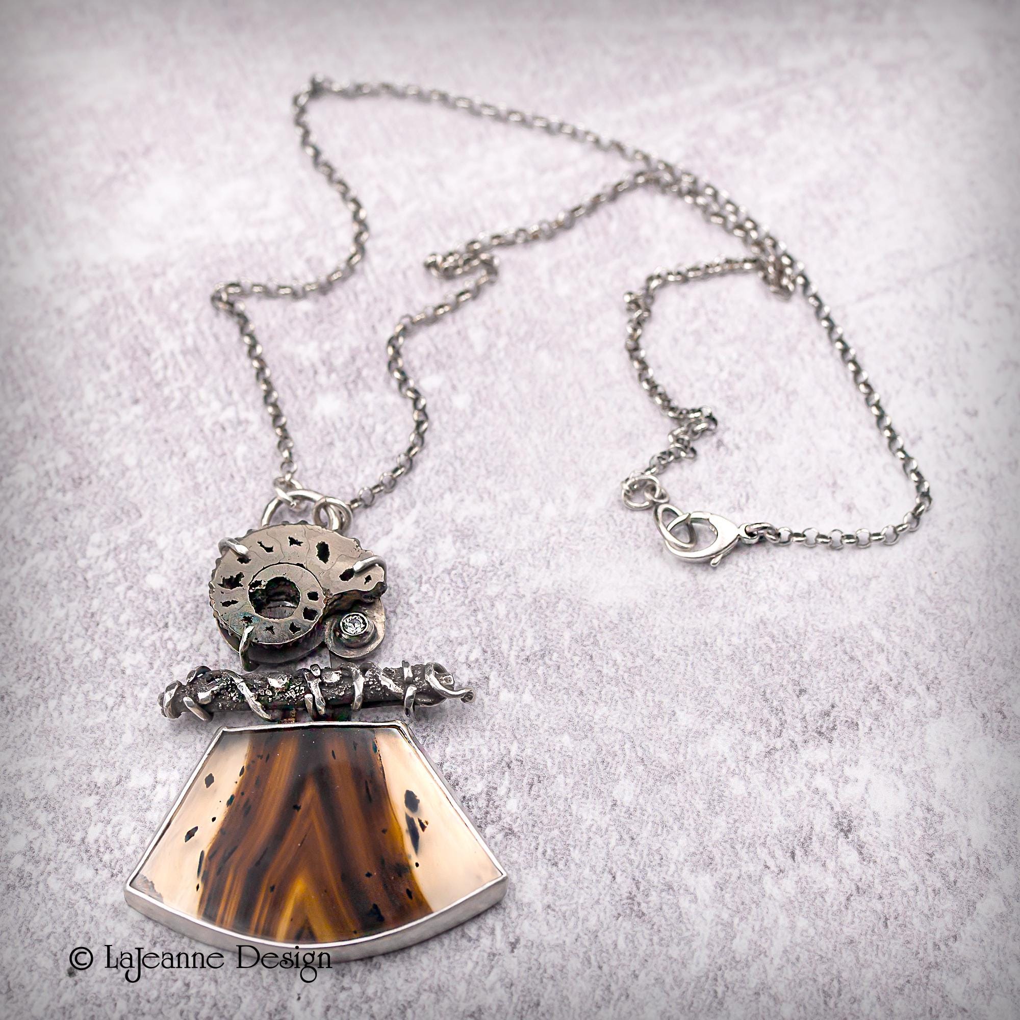 Montana Agate & Pyritized Ammonite Sterling Silver Necklace