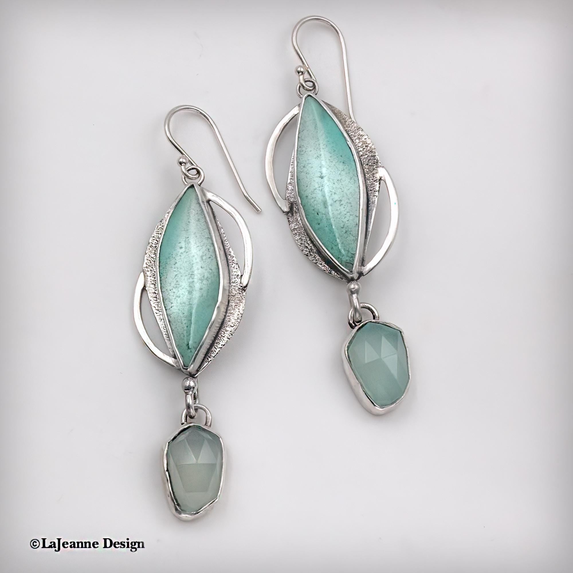 Blue Opalized Wood & Chalcedony Sterling Silver Earrings