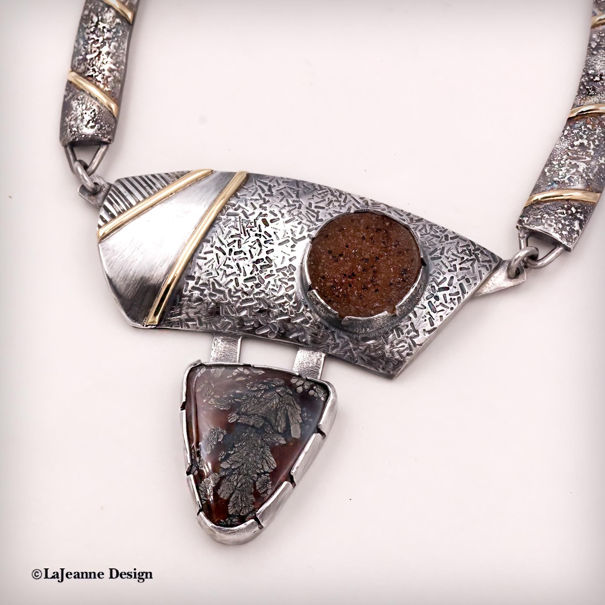 Marcasite Plume Agate 18K Gold Sterling Silver Necklace