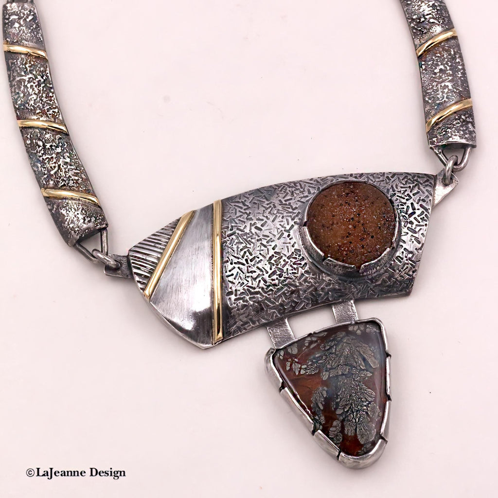Marcasite Plume Agate 18K Gold Sterling Silver Necklace