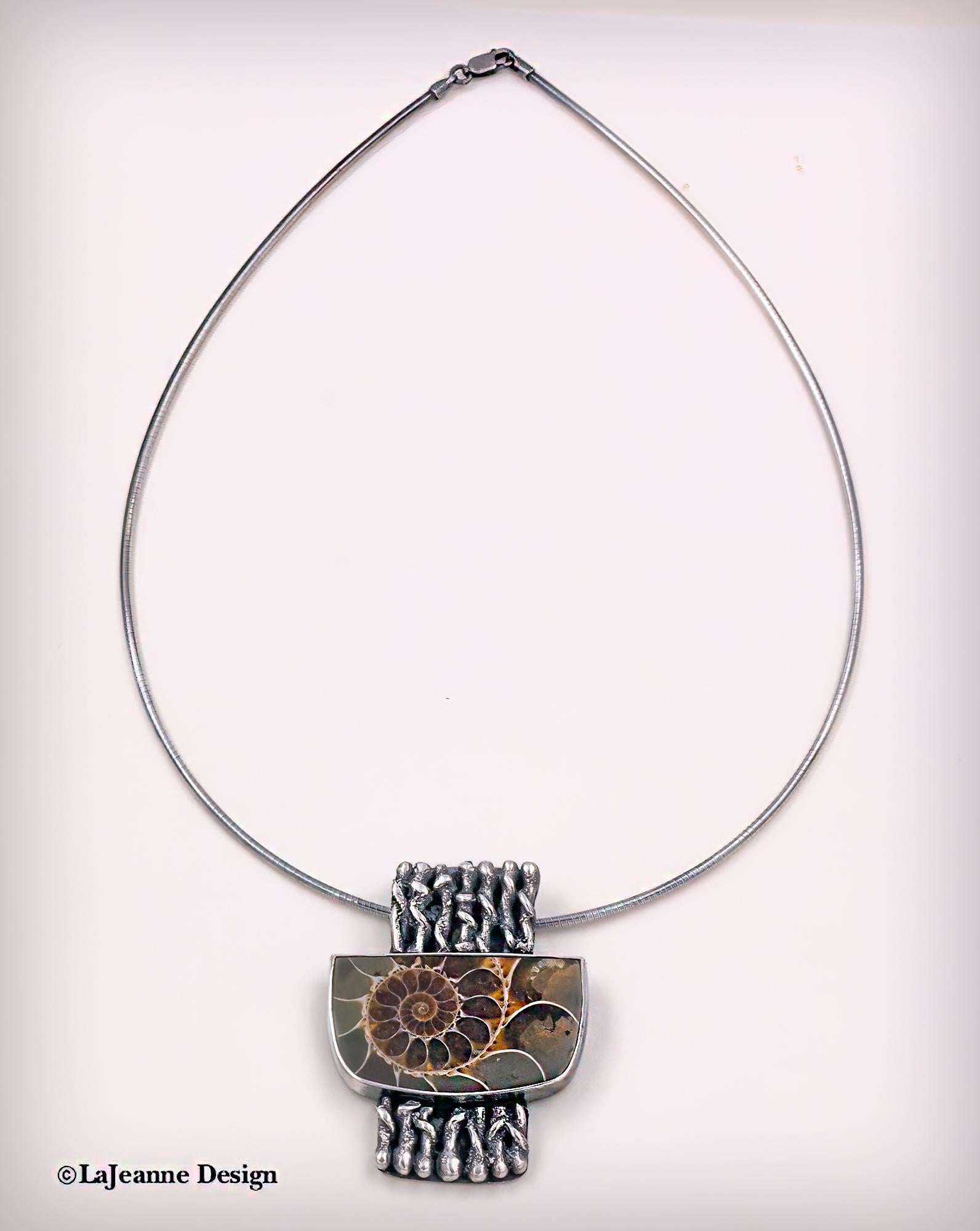 Ammonite Fossil Textured Sterling Silver Necklace
