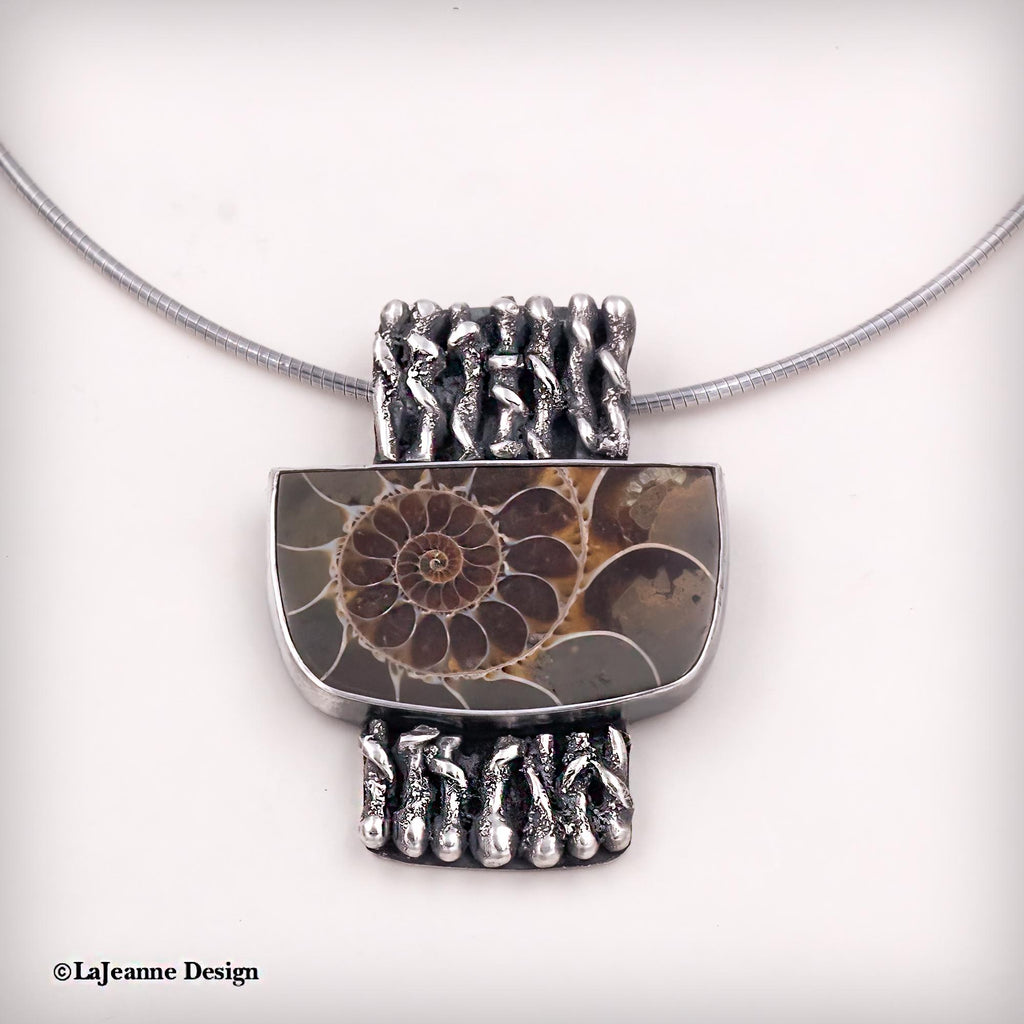 Ammonite Fossil Textured Sterling Silver Necklace