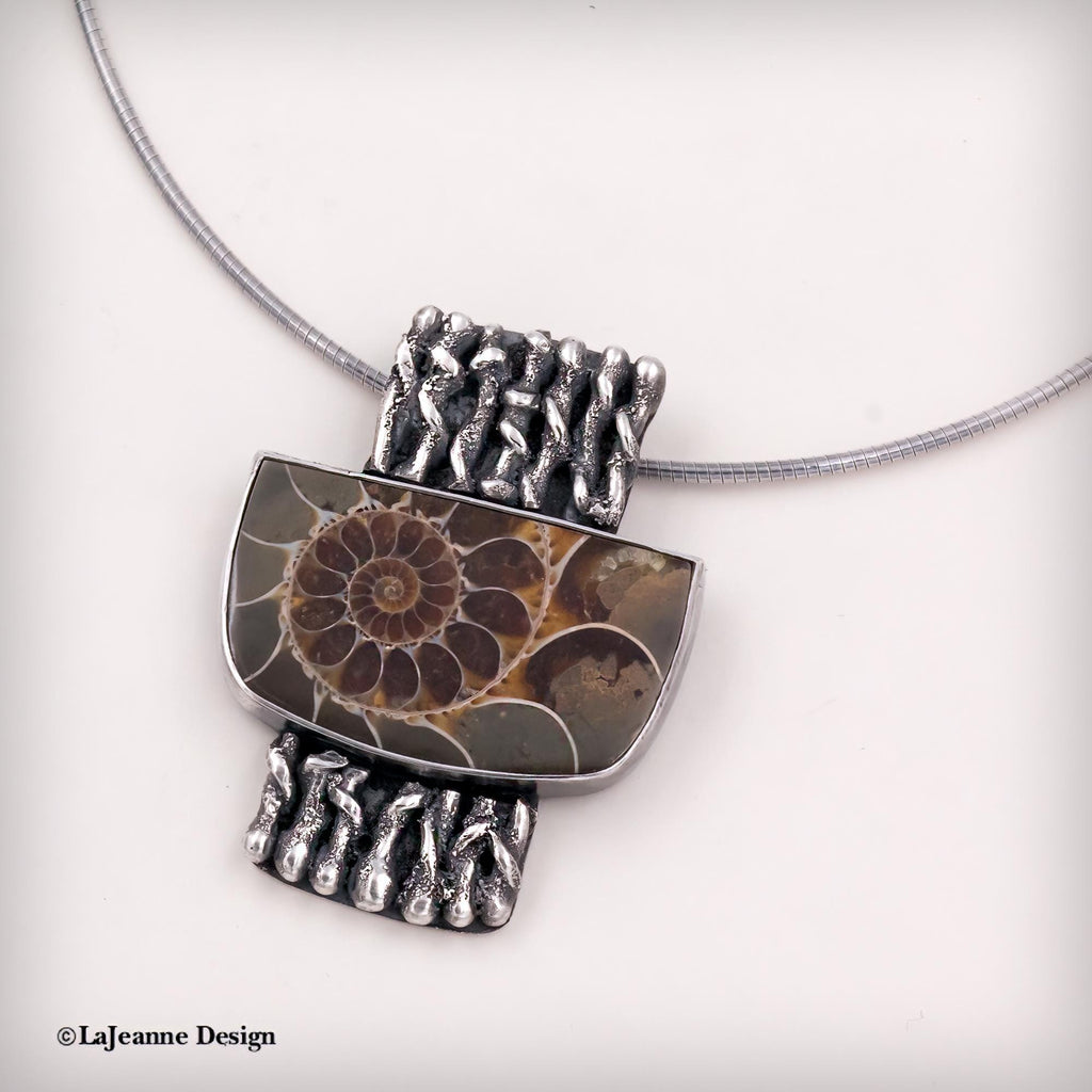 Ammonite Fossil Textured Sterling Silver Necklace