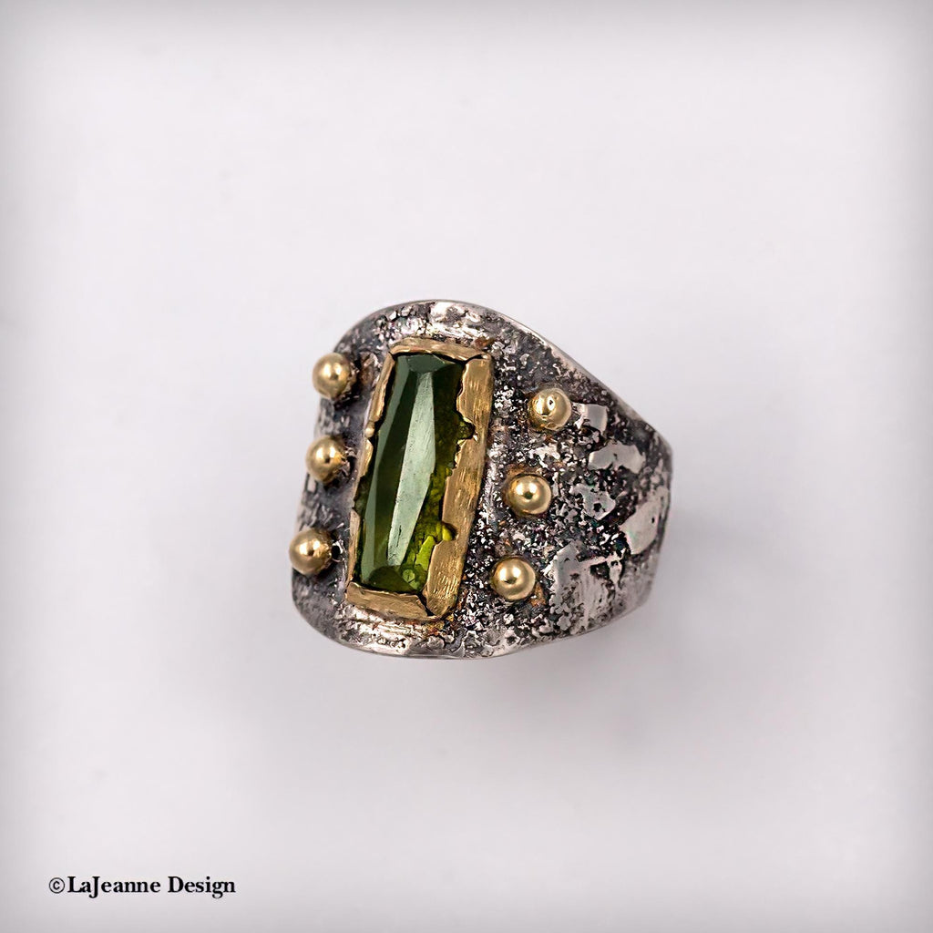 Size 6.25 - Green Tourmaline, 22K Gold Sterling Silver Ring