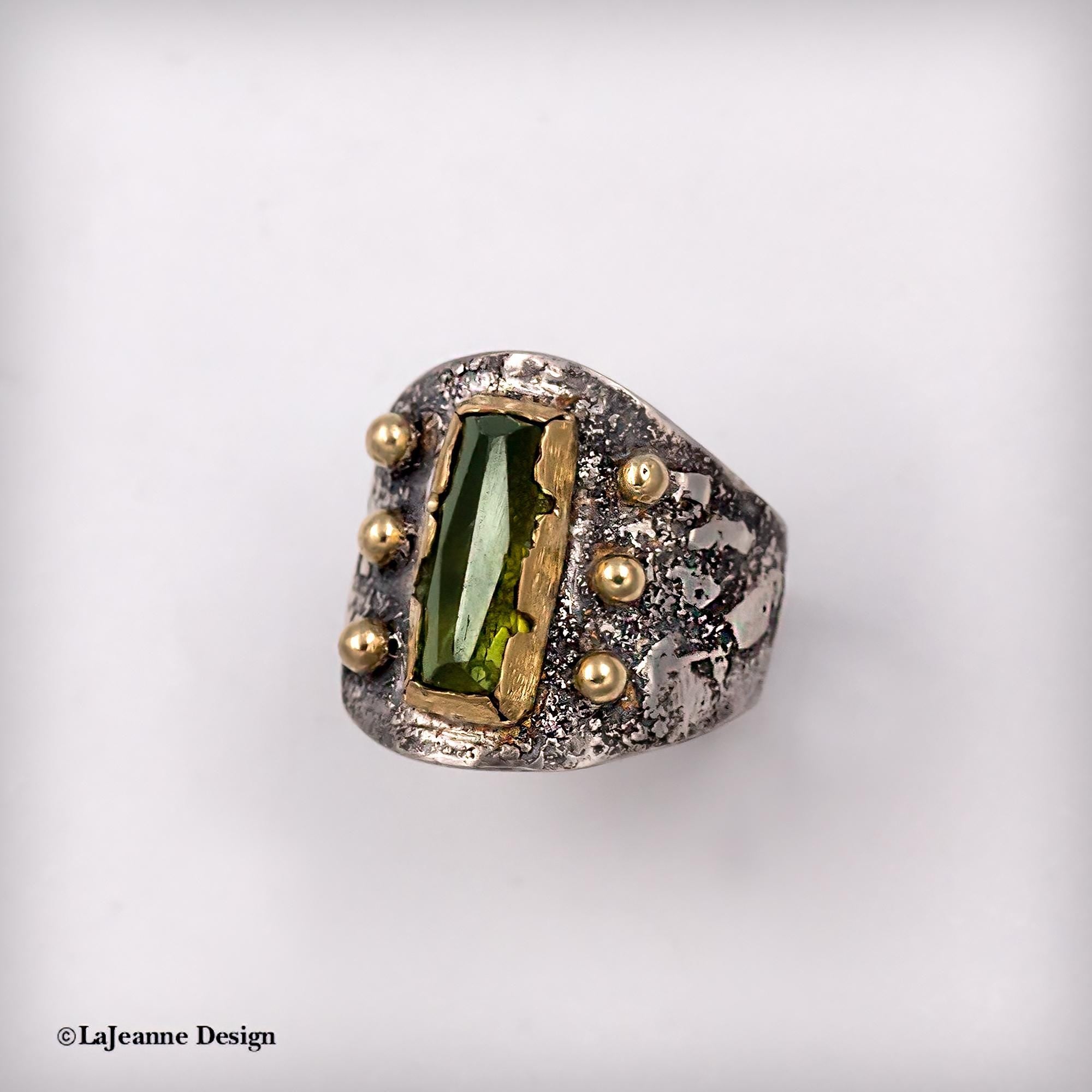 Size 6.25 - Green Tourmaline, 22K Gold Sterling Silver Ring