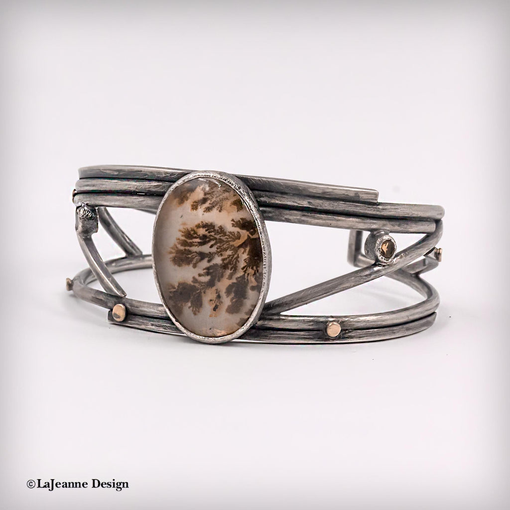 Dendritic Agate Sterling Silver Cuff Bracelet with 18K Gold,  Size Medium-Large