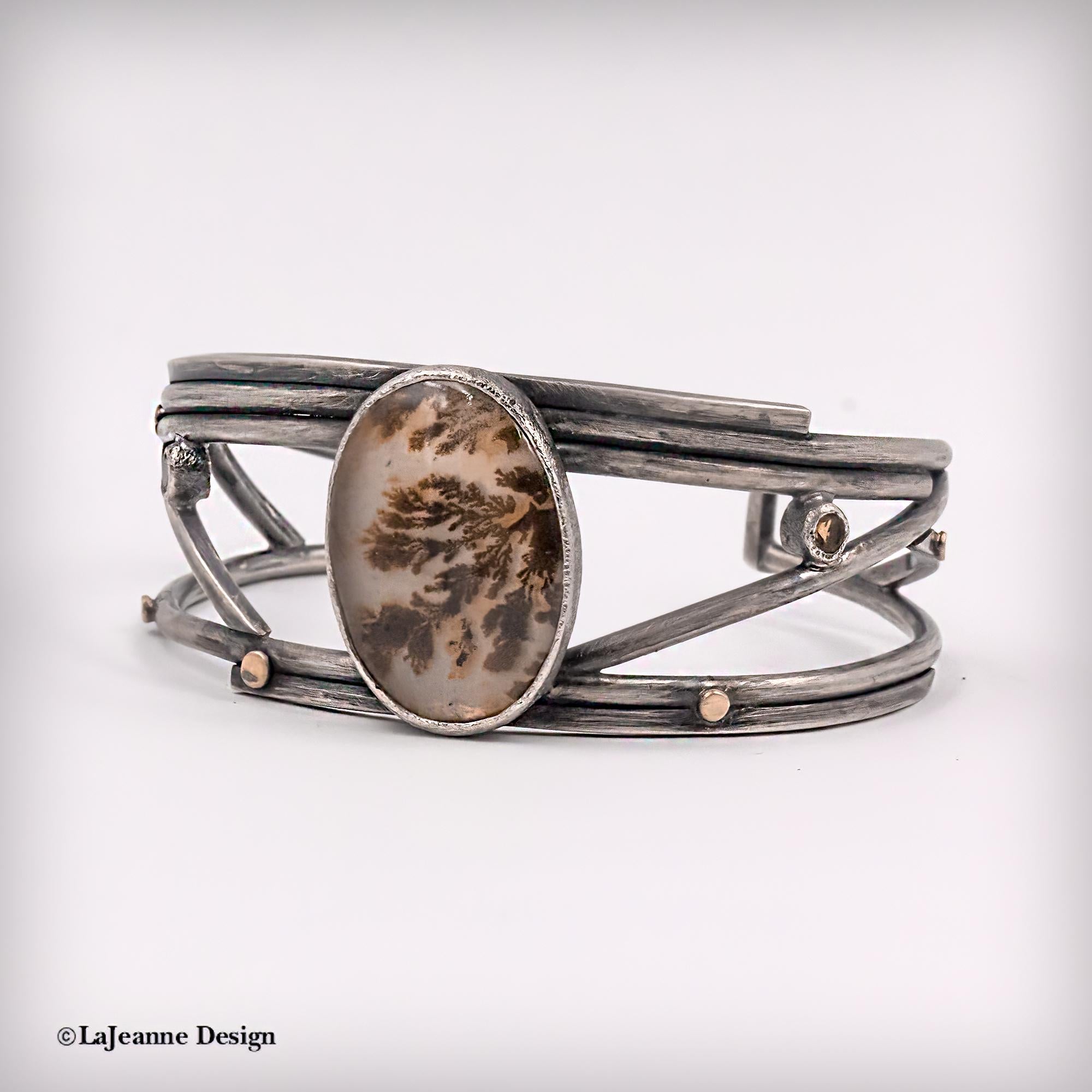 Dendritic Agate Sterling Silver Cuff Bracelet with 18K Gold,  Size Medium-Large