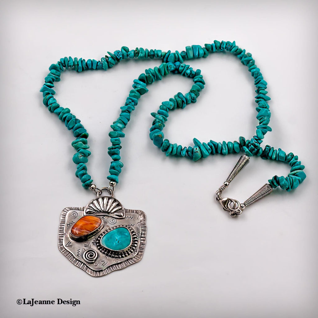 Turquoise & Spiny Oyster Sterling Silver Beaded Necklace