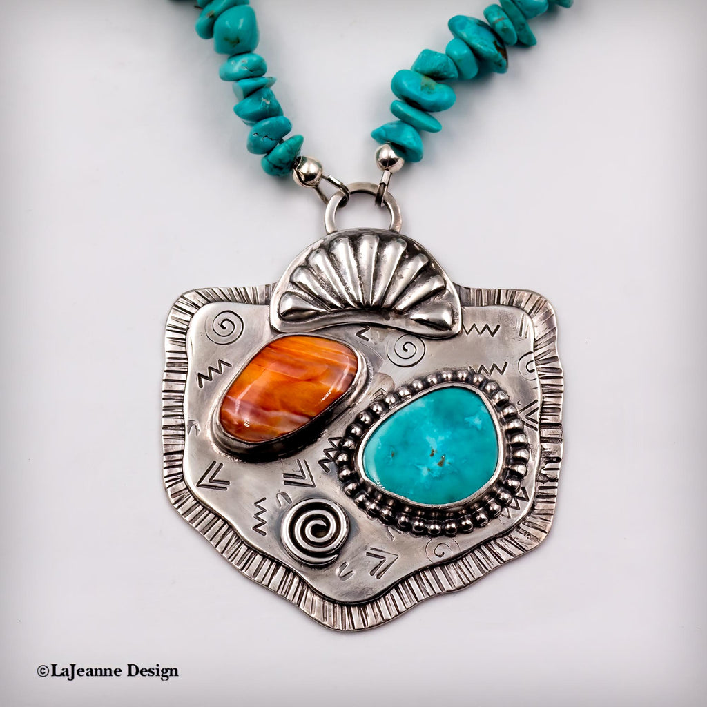 Turquoise & Spiny Oyster Sterling Silver Beaded Necklace