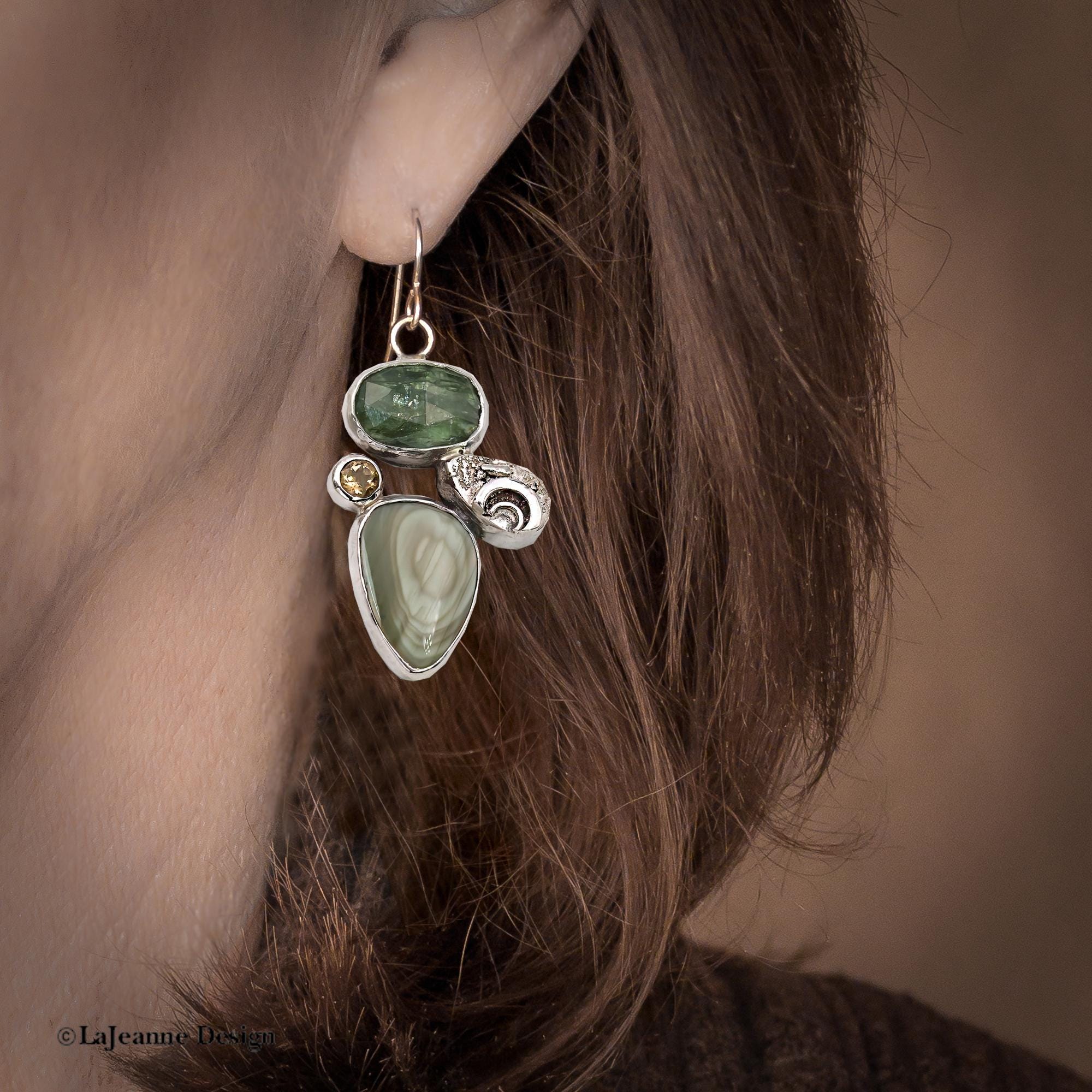 Imperial Jasper, Green Kyanite & Citrine Sterling Silver Earrings